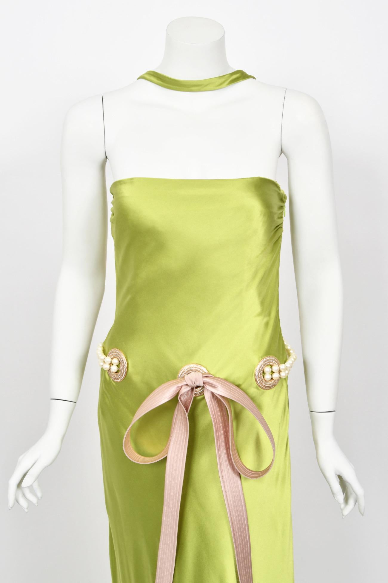 2005 Valentino Runway Chartreuse Silk Draped-Pearls Reverse Halter Glamour Gown 1
