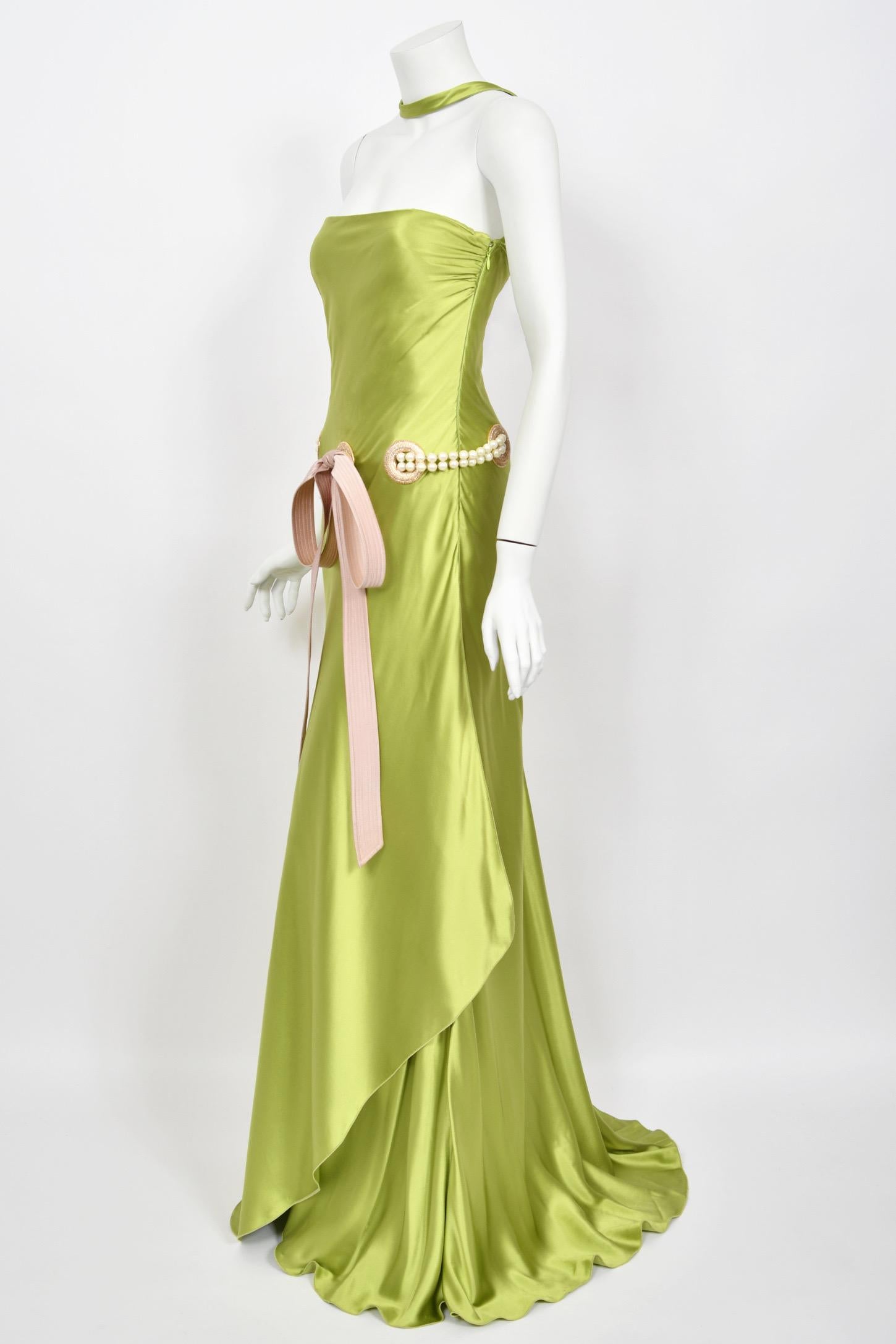 2005 Valentino Runway Chartreuse Silk Draped-Pearls Reverse Halter Glamour Gown 2