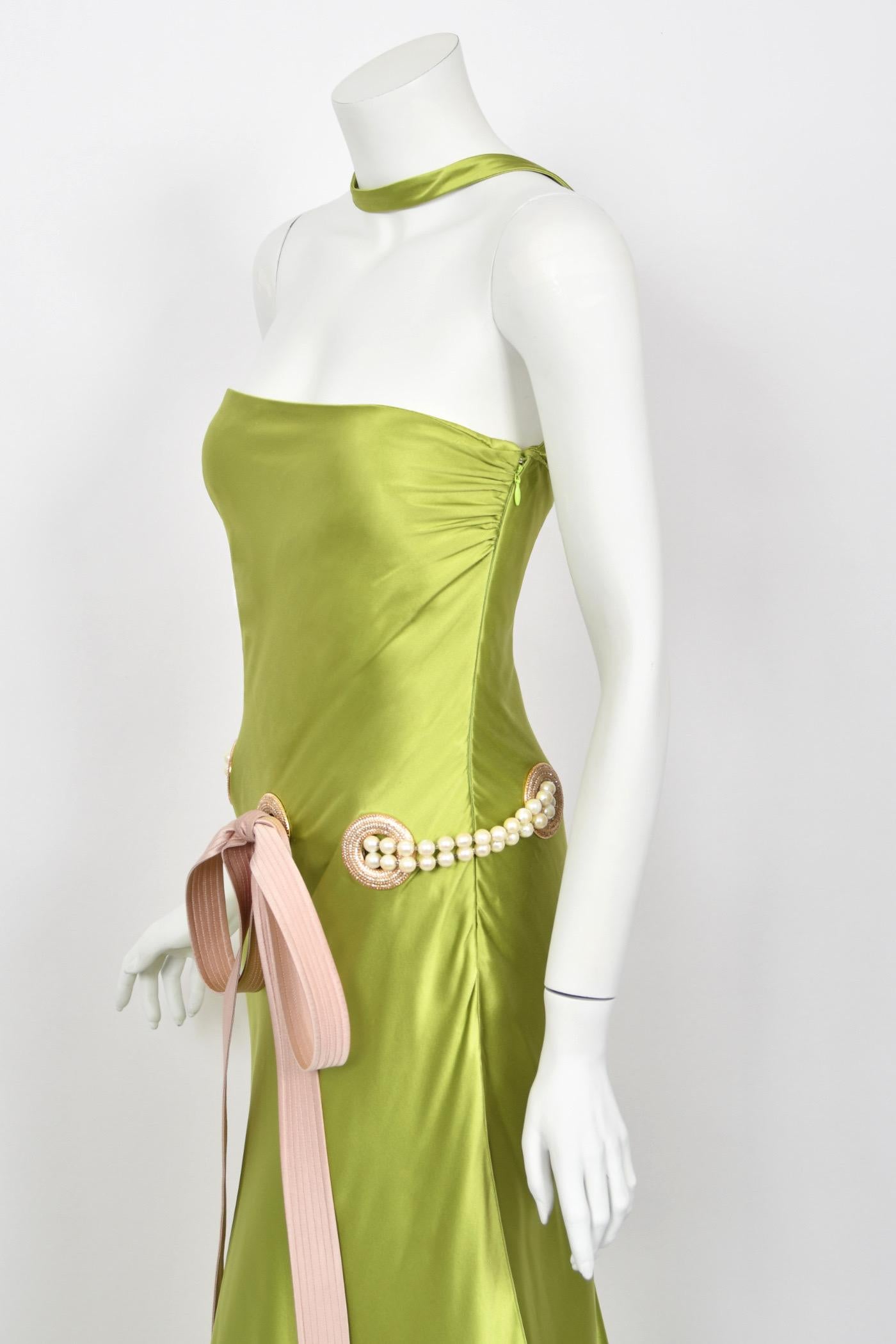 2005 Valentino Runway Chartreuse Silk Draped-Pearls Reverse Halter Glamour Gown 3