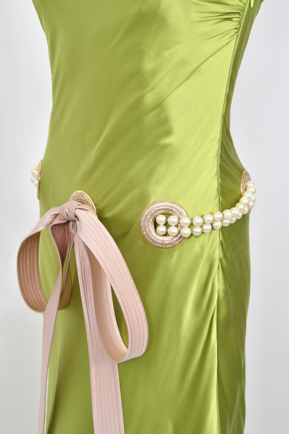 2005 Valentino Runway Chartreuse Silk Draped-Pearls Reverse Halter Glamour Gown 4