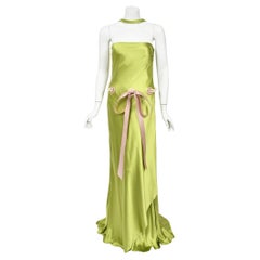 2005 Valentino Runway Chartreuse Silk Draped-Pearls Reverse Halter Glamour Gown