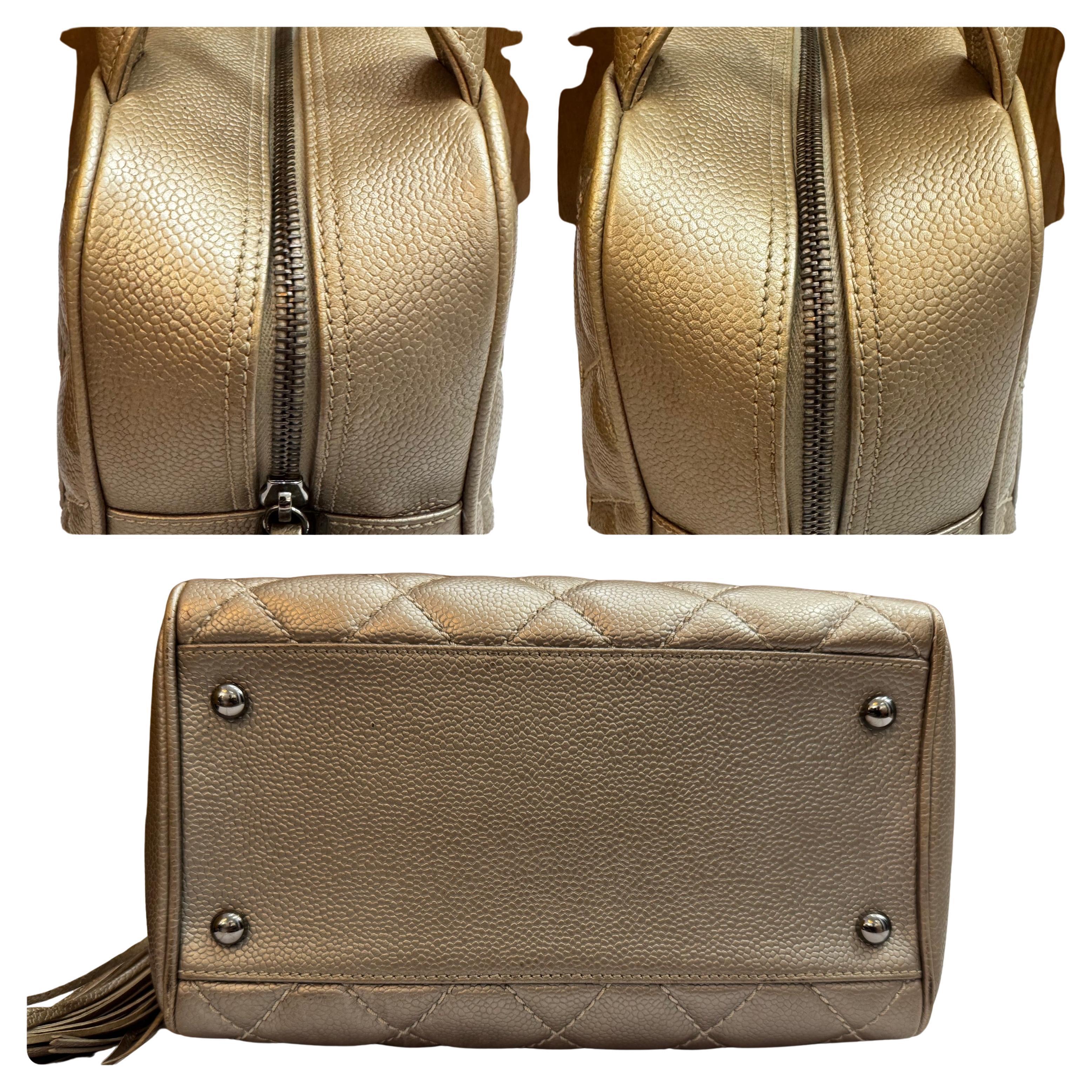 Brown 2005 Vintage CHANEL Quilted Caviar Bowler Bag Small Metallic Champagne For Sale