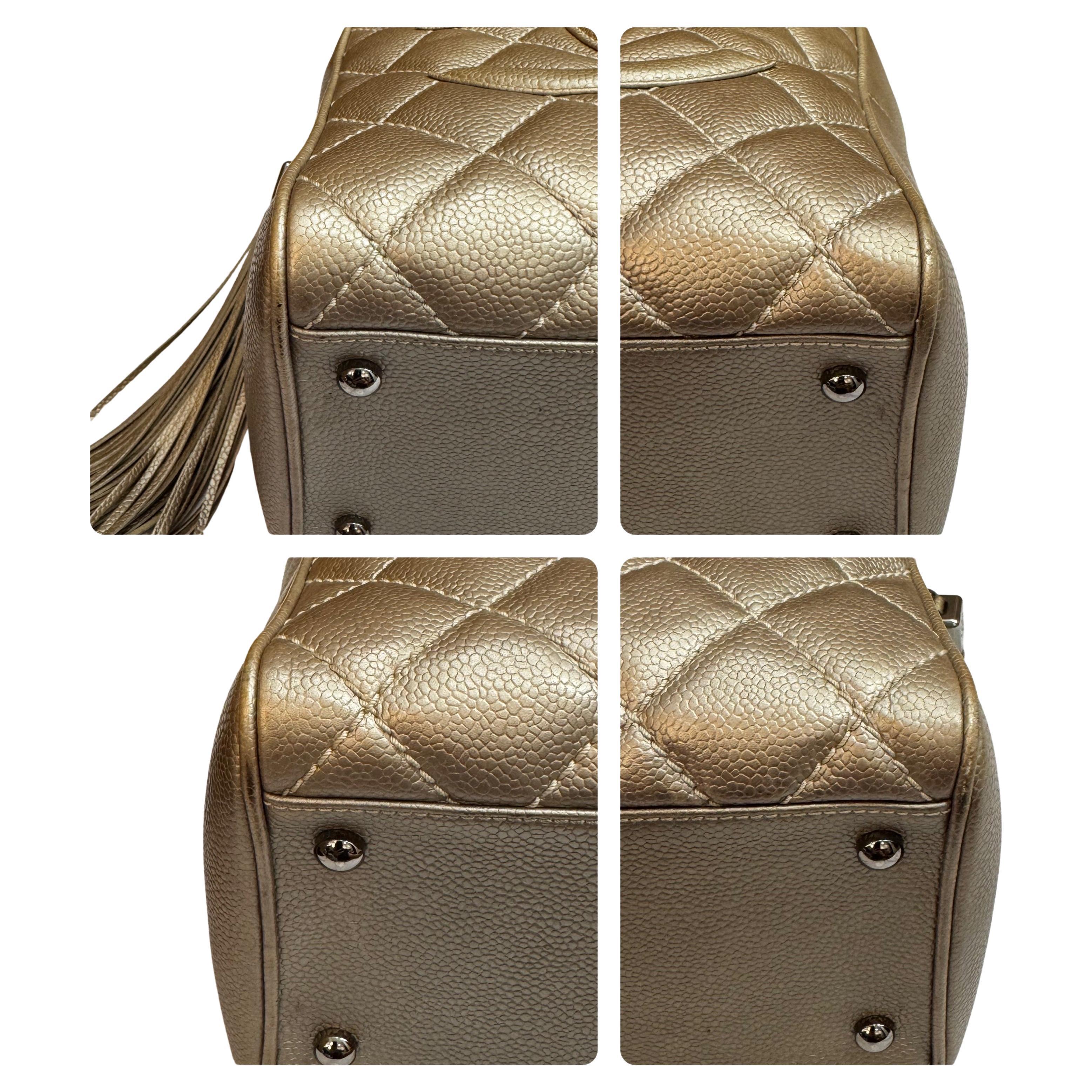 Women's 2005 Vintage CHANEL Quilted Caviar Bowler Bag Small Metallic Champagne For Sale