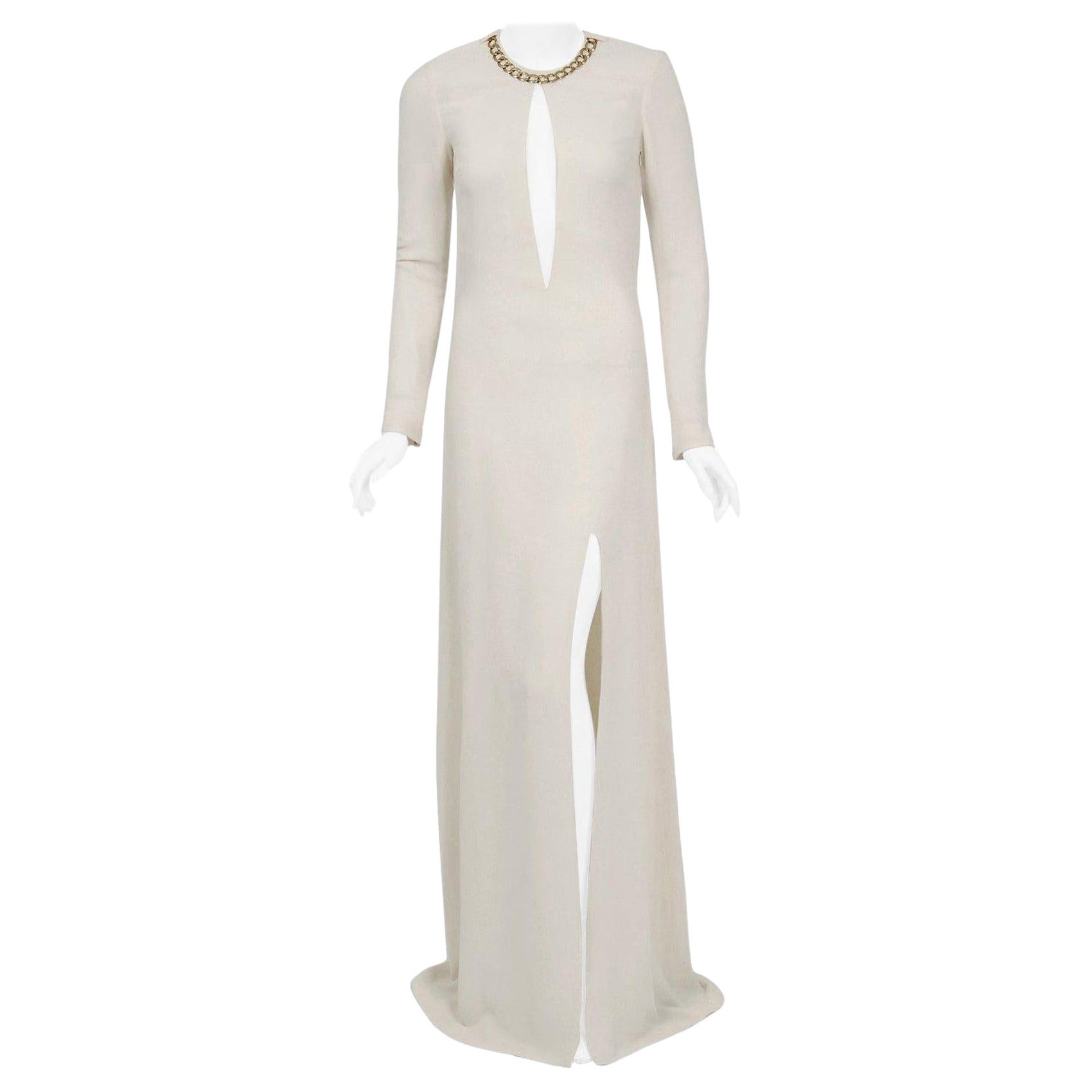 2006 Alexander McQueen Documented Runway Ivory Silk Chain Plunge High-Slit Gown