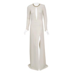 2006 Alexander McQueen Documented White Silk Crepe Chain Plunge High-Slit Gown