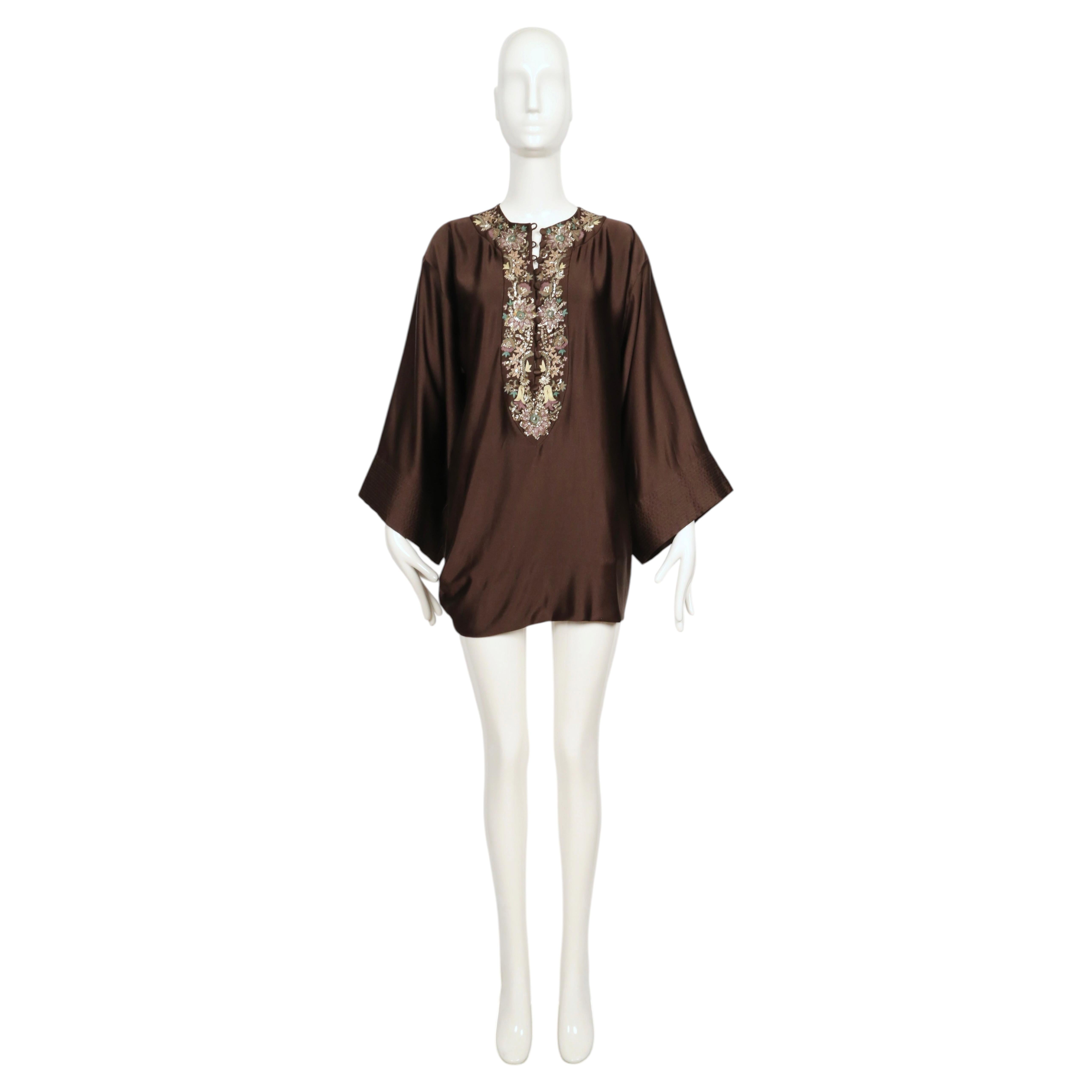 2006 ALEXANDER MCQUEEN draped brown silk tunic with metal thread embroidery