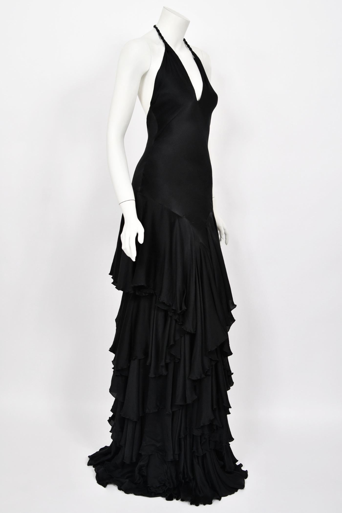 2006 Alexander McQueen Lifetime Black Silk Halter Bias-Cut Tiered Ruffle Gown 9