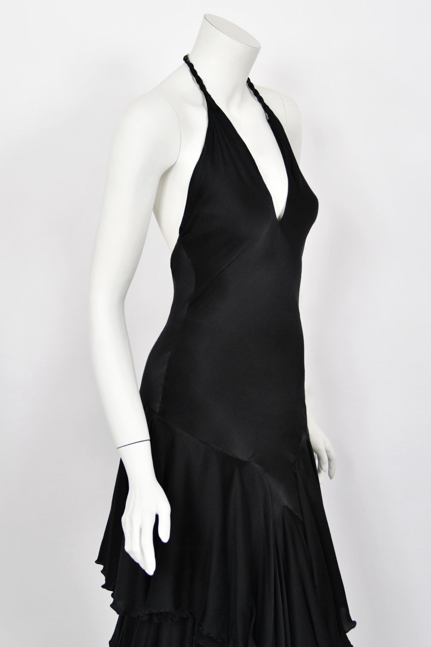 2006 Alexander McQueen Lifetime Black Silk Halter Bias-Cut Tiered Ruffle Gown 10
