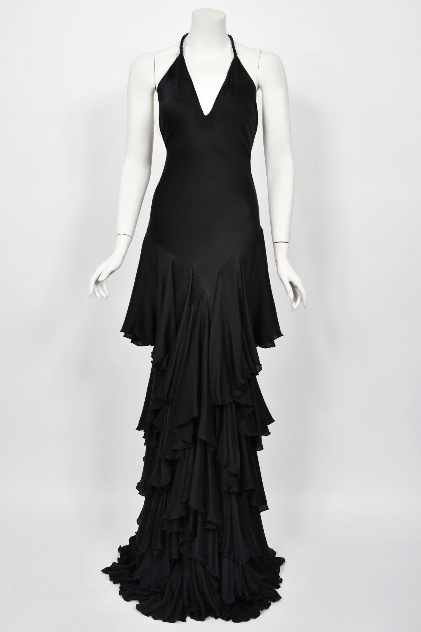 2006 Alexander McQueen Lifetime Black Silk Halter Bias-Cut Tiered Ruffle Gown 11