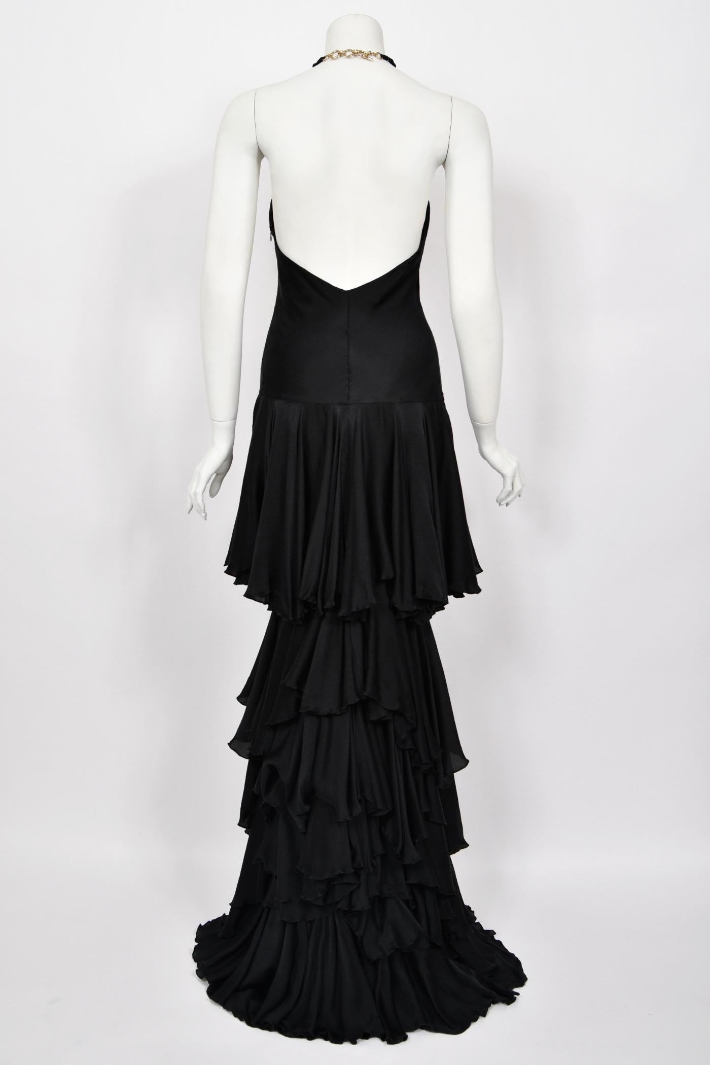 2006 Alexander McQueen Lifetime Black Silk Halter Bias-Cut Tiered Ruffle Gown 12