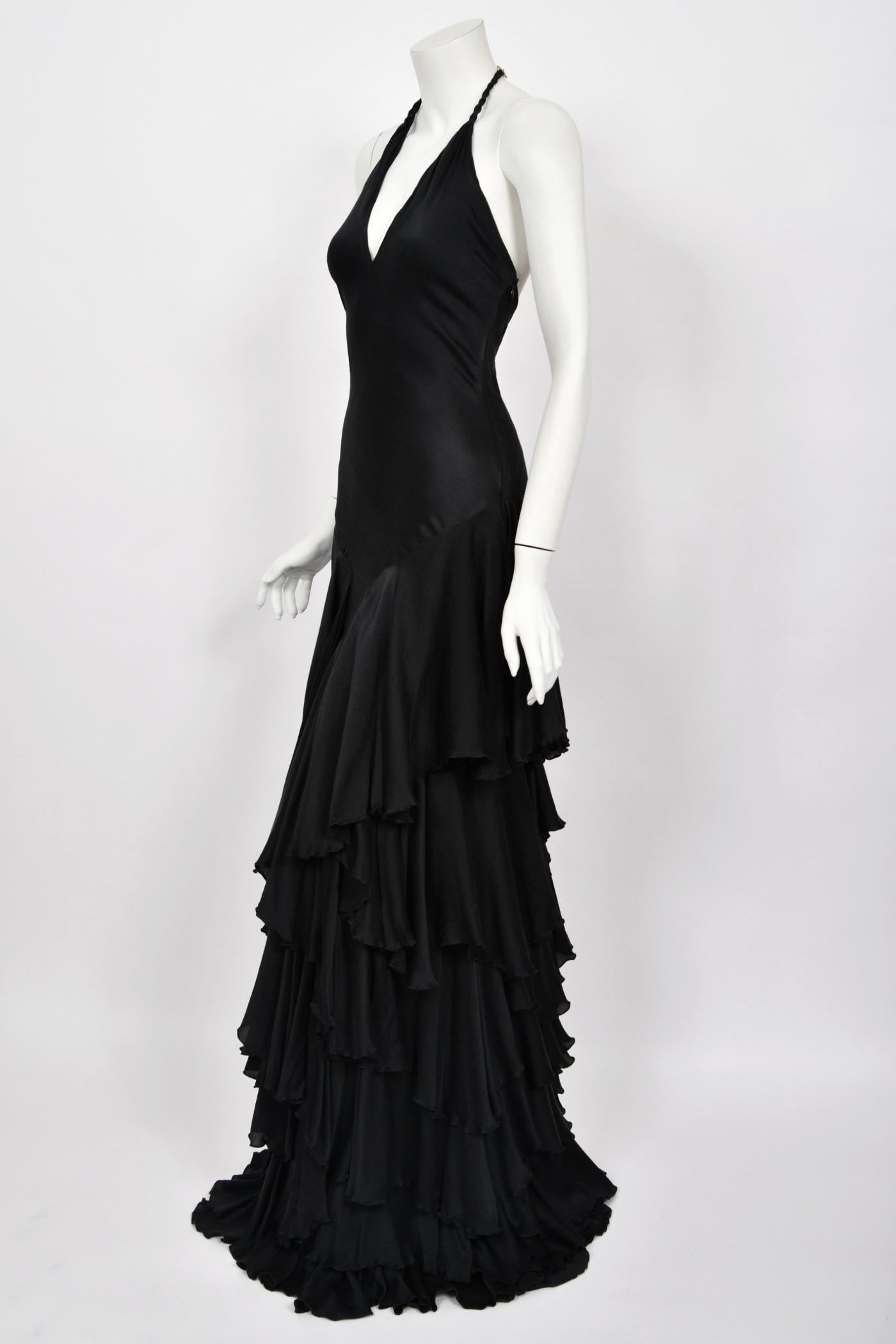 2006 Alexander McQueen Lifetime Black Silk Halter Bias-Cut Tiered Ruffle Gown 3