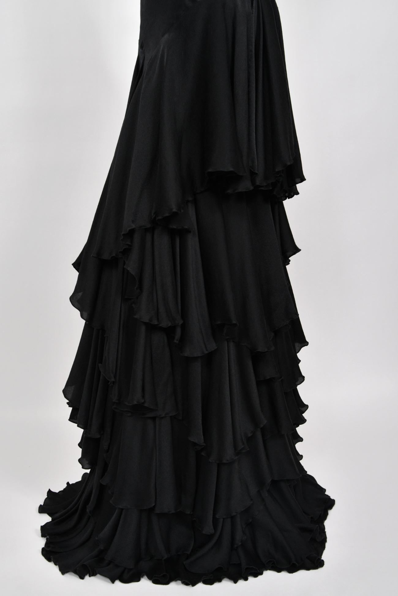 2006 Alexander McQueen Lifetime Black Silk Halter Bias-Cut Tiered Ruffle Gown 7