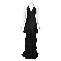 2006 Alexander McQueen Lifetime Black Silk Halter Bias-Cut Tiered Ruffle Gown