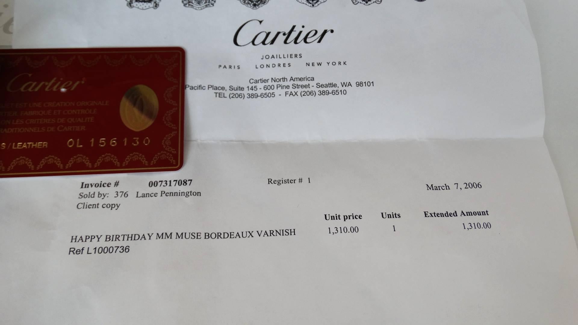2006 Cartier Happy Birthday Bordeaux Embossed Patent Bag 6
