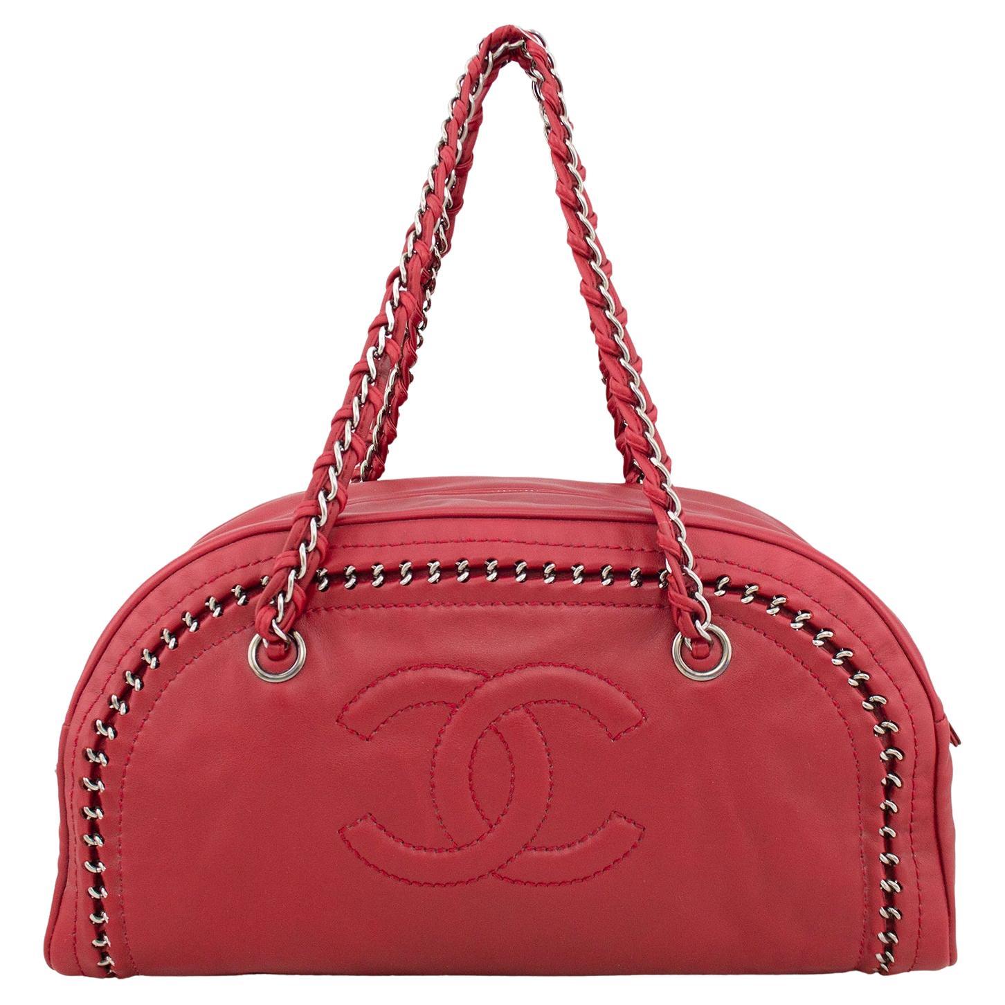 2006 Chanel by Karl Lagerfeld Raspberry Leather Luxe Ligne Bowler Bag