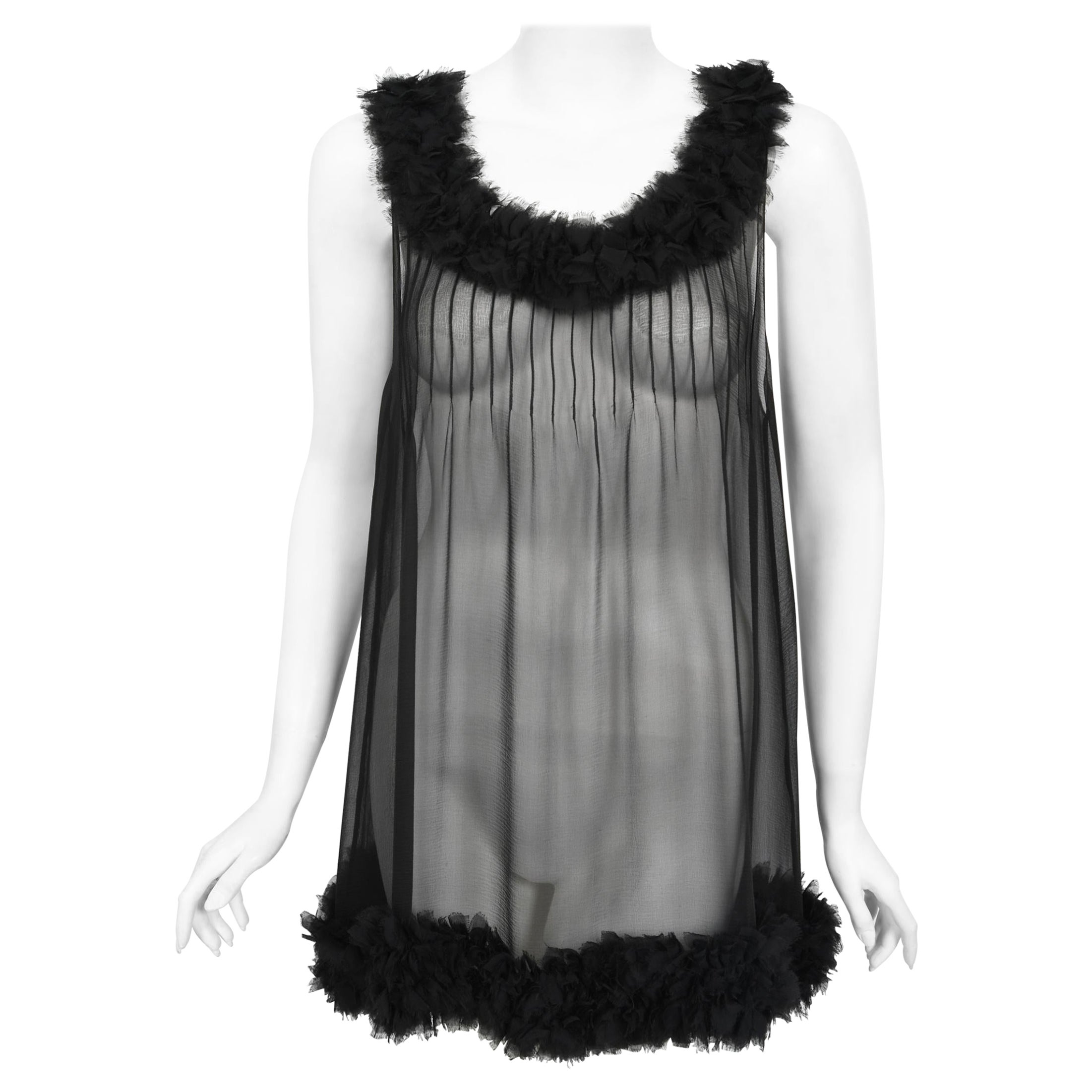 2006 Chanel By Karl Lagerfeld Runway Sheer Black Silk Babydoll Ruffle Mini Dress