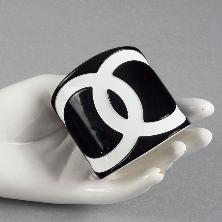 2006 CHANEL CC Logo Black and White Perspex Wide Cuff Bracelet For