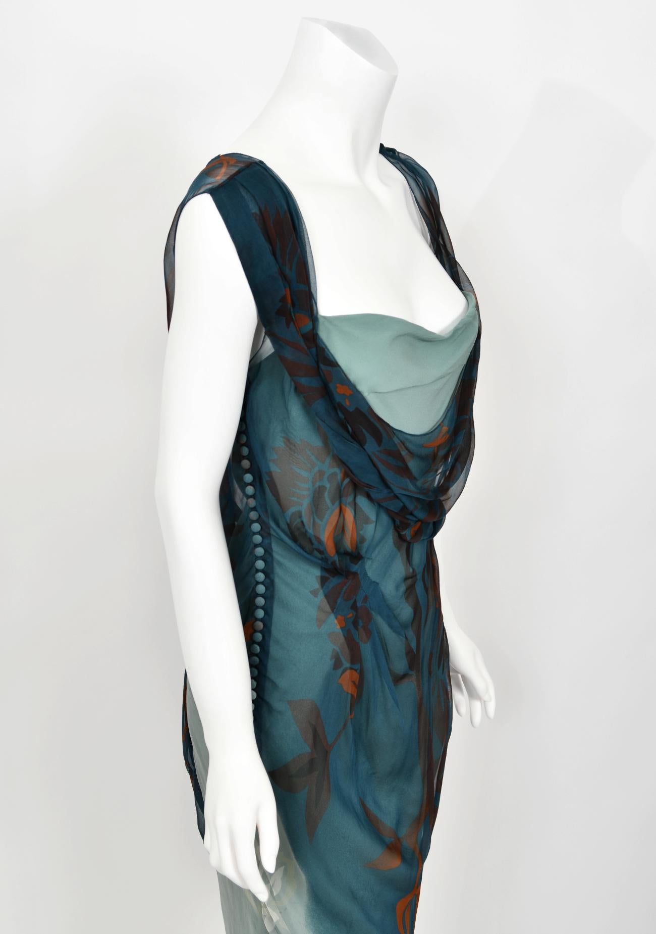 2006 Christian Dior by Galliano Blue Watercolor Sheer Silk Draped Slip Dress For Sale 5