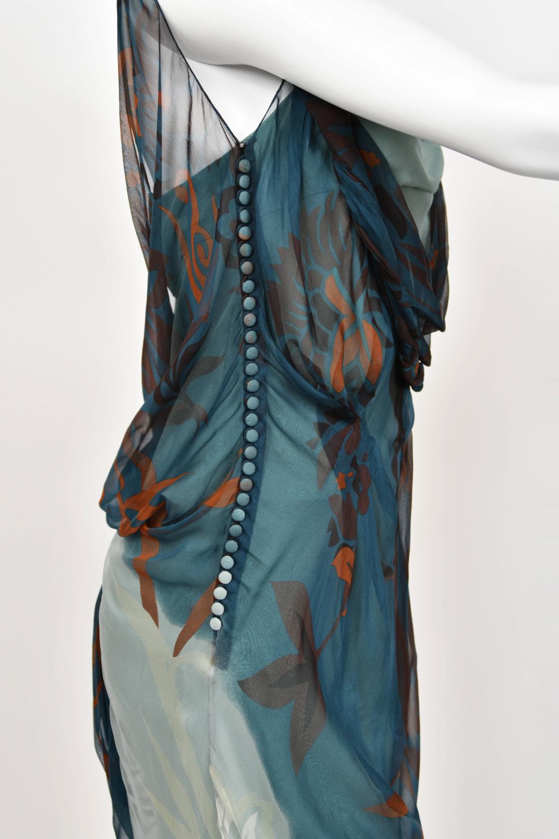 2006 Christian Dior by Galliano Blue Watercolor Sheer Silk Draped Slip Dress For Sale 6