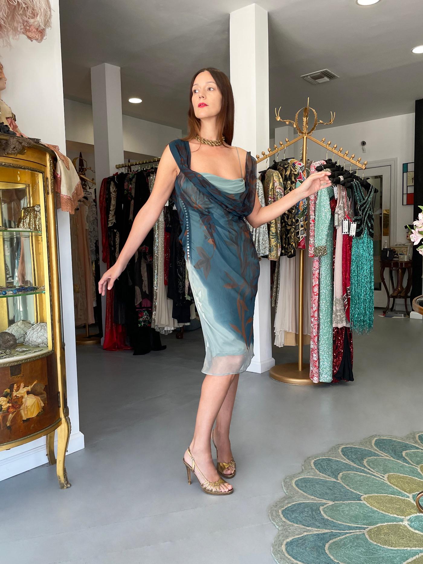 2006 Christian Dior by Galliano Blue Watercolor Sheer Silk Draped Slip Dress For Sale 7