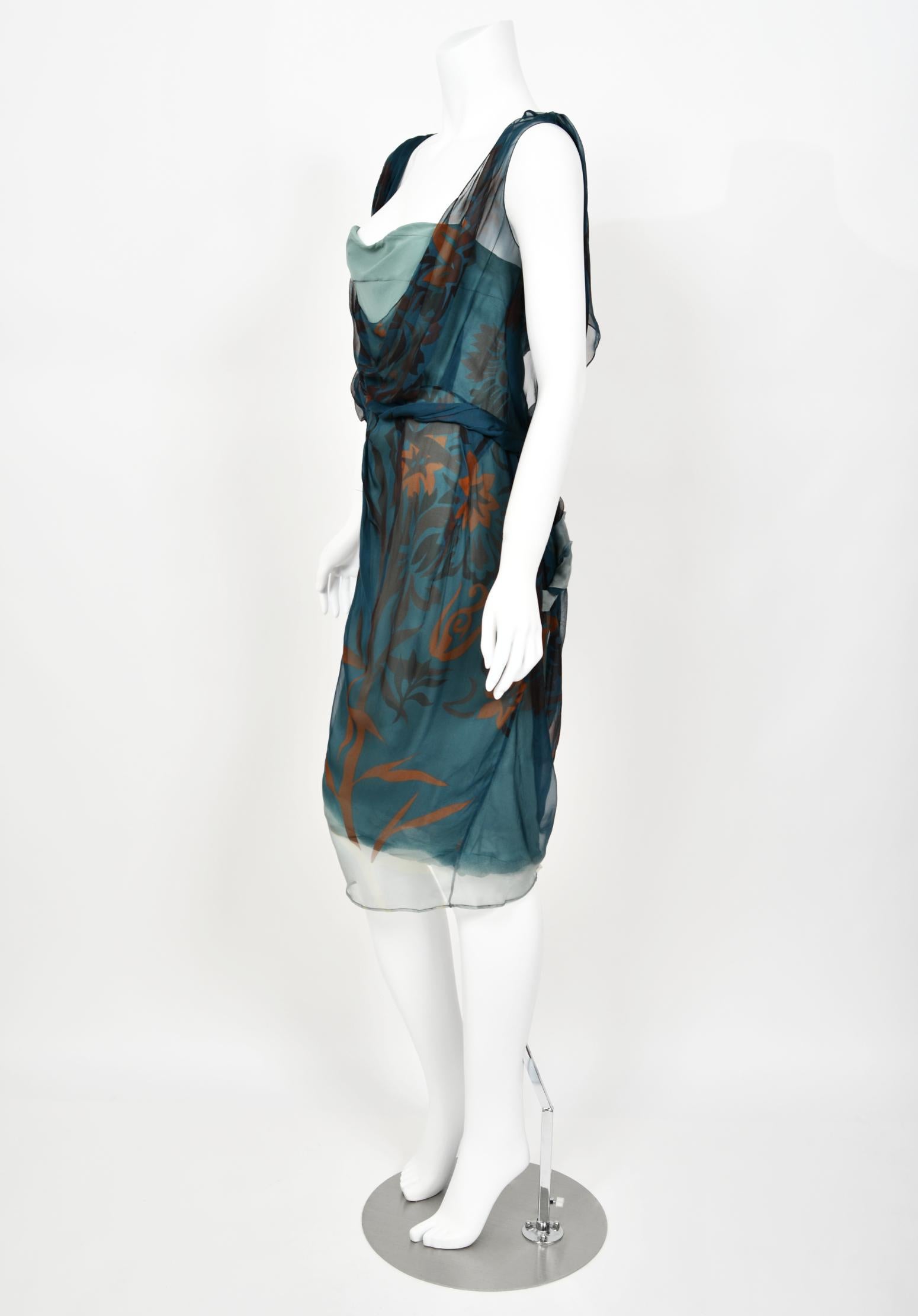 2006 Christian Dior by Galliano Blue Watercolor Sheer Silk Draped Slip Dress For Sale 8