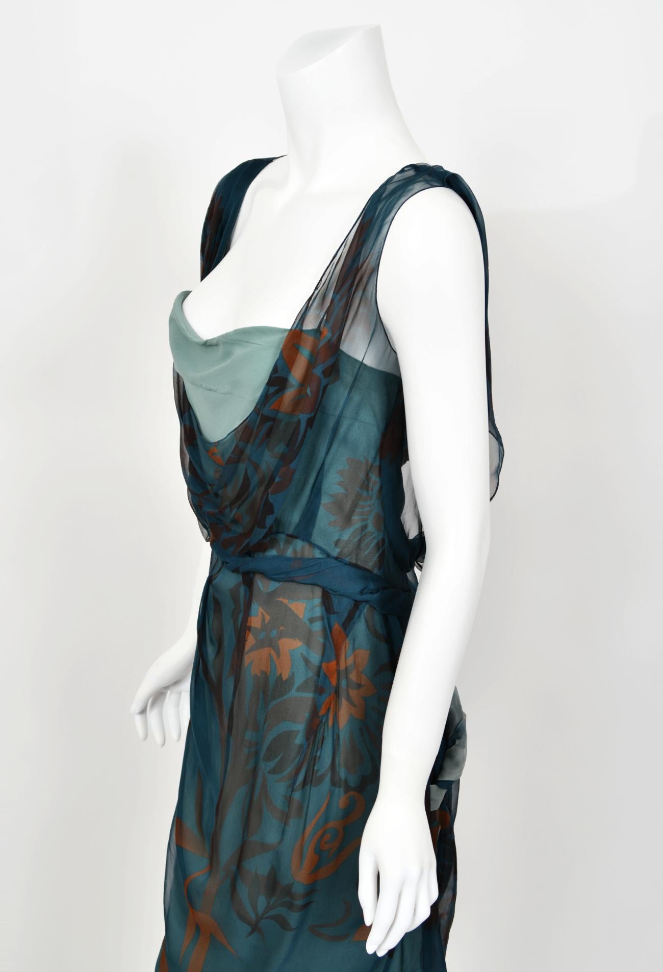 2006 Christian Dior by Galliano Blue Watercolor Sheer Silk Draped Slip Dress For Sale 9