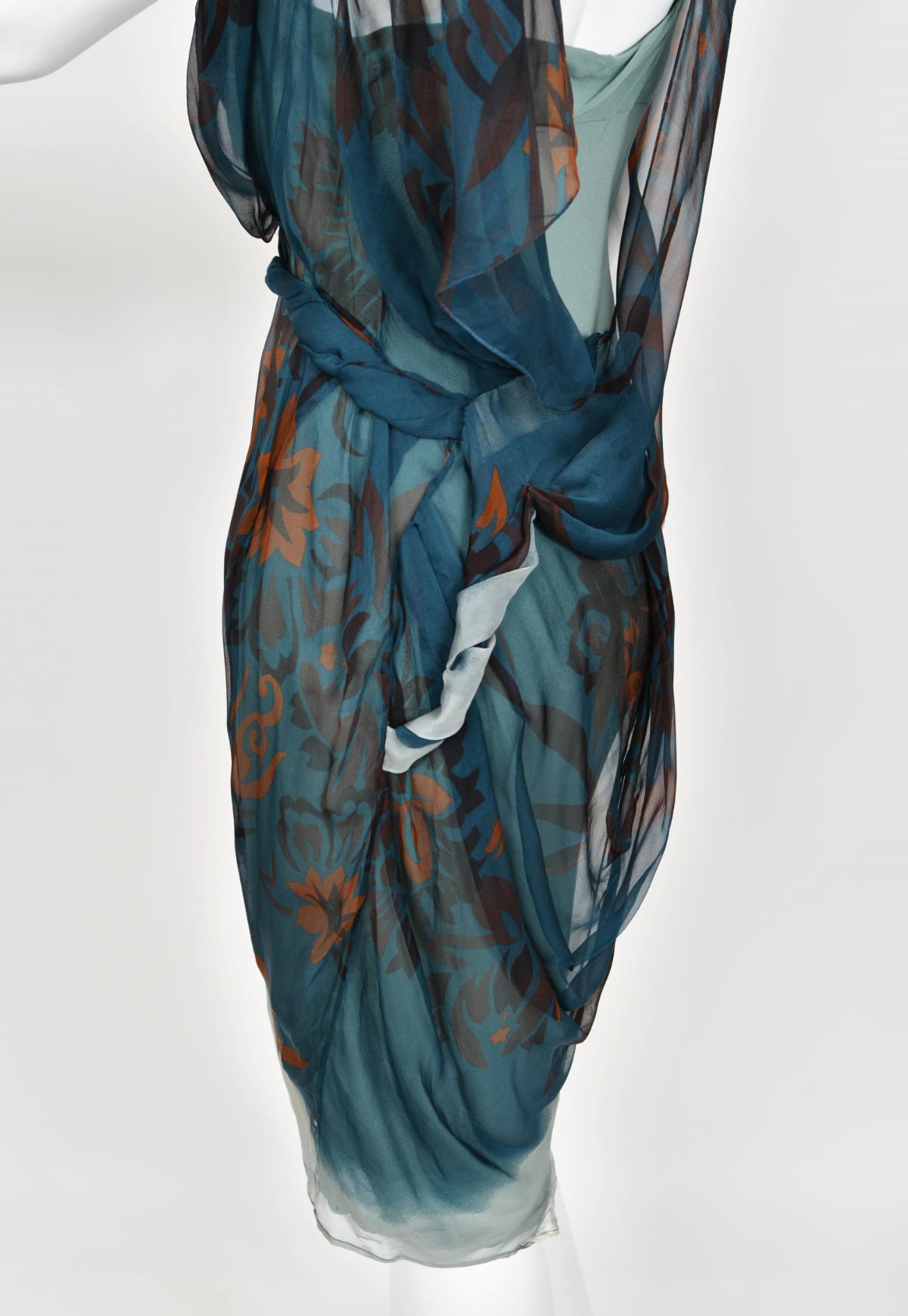 2006 Christian Dior by Galliano Blue Watercolor Sheer Silk Draped Slip Dress For Sale 10