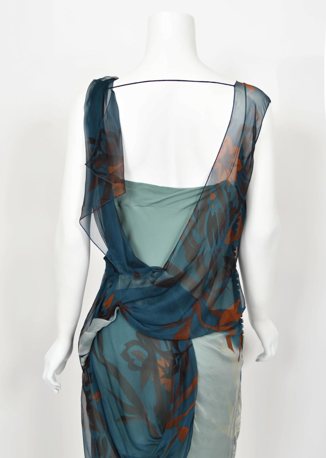 2006 Christian Dior by Galliano Blue Watercolor Sheer Silk Draped Slip Dress For Sale 11