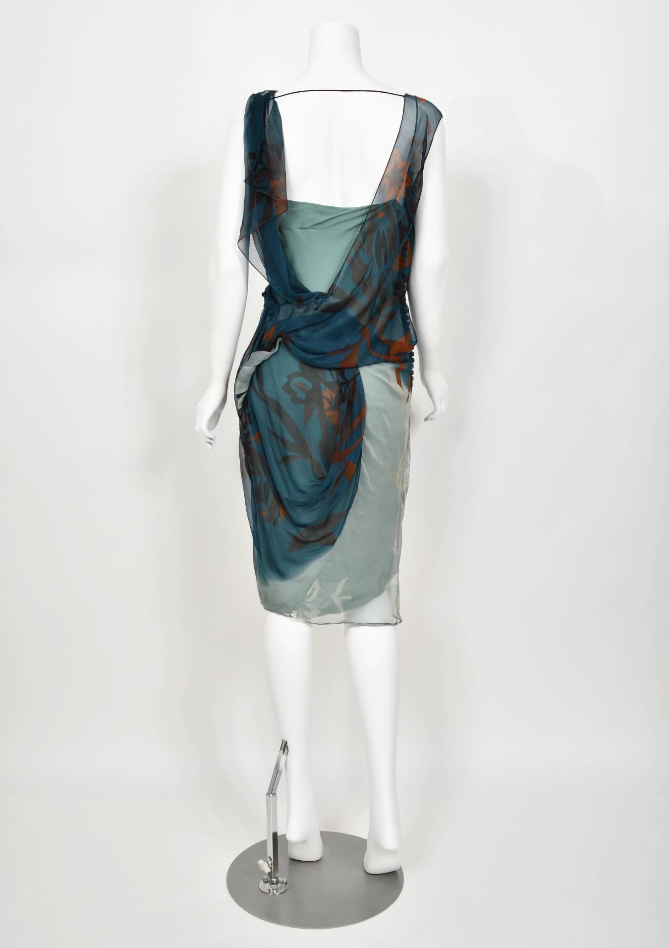 2006 Christian Dior by Galliano Blue Watercolor Sheer Silk Draped Slip Dress For Sale 12