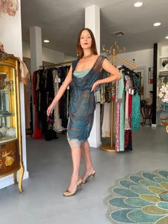 2006 Christian Dior by Galliano Blue Watercolor Sheer Silk Draped Slip Dress