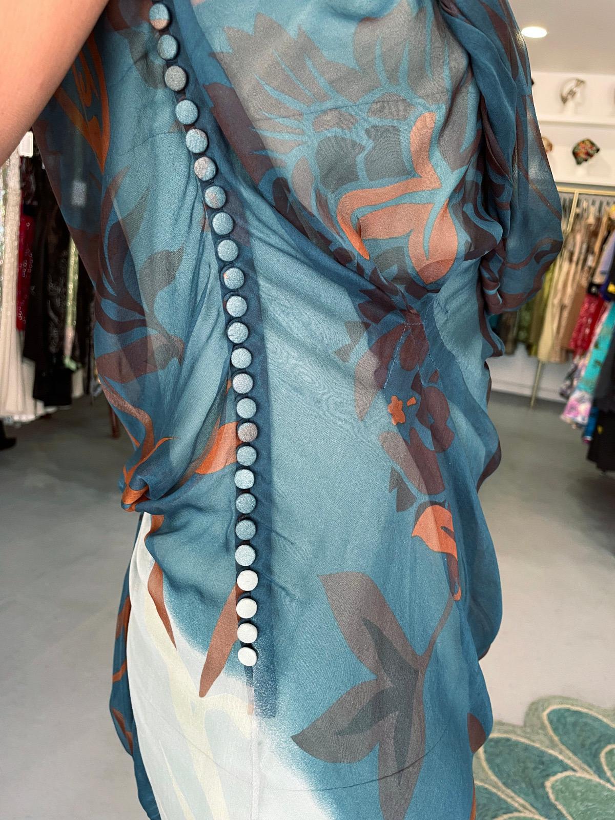 2006 Christian Dior by Galliano Blue Watercolor Sheer Silk Draped Slip Dress In Good Condition For Sale In Beverly Hills, CA