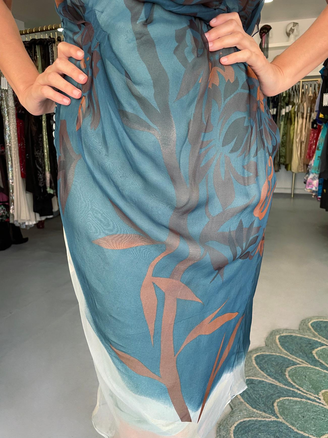 2006 Christian Dior by Galliano Blue Watercolor Sheer Silk Draped Slip Dress For Sale 1