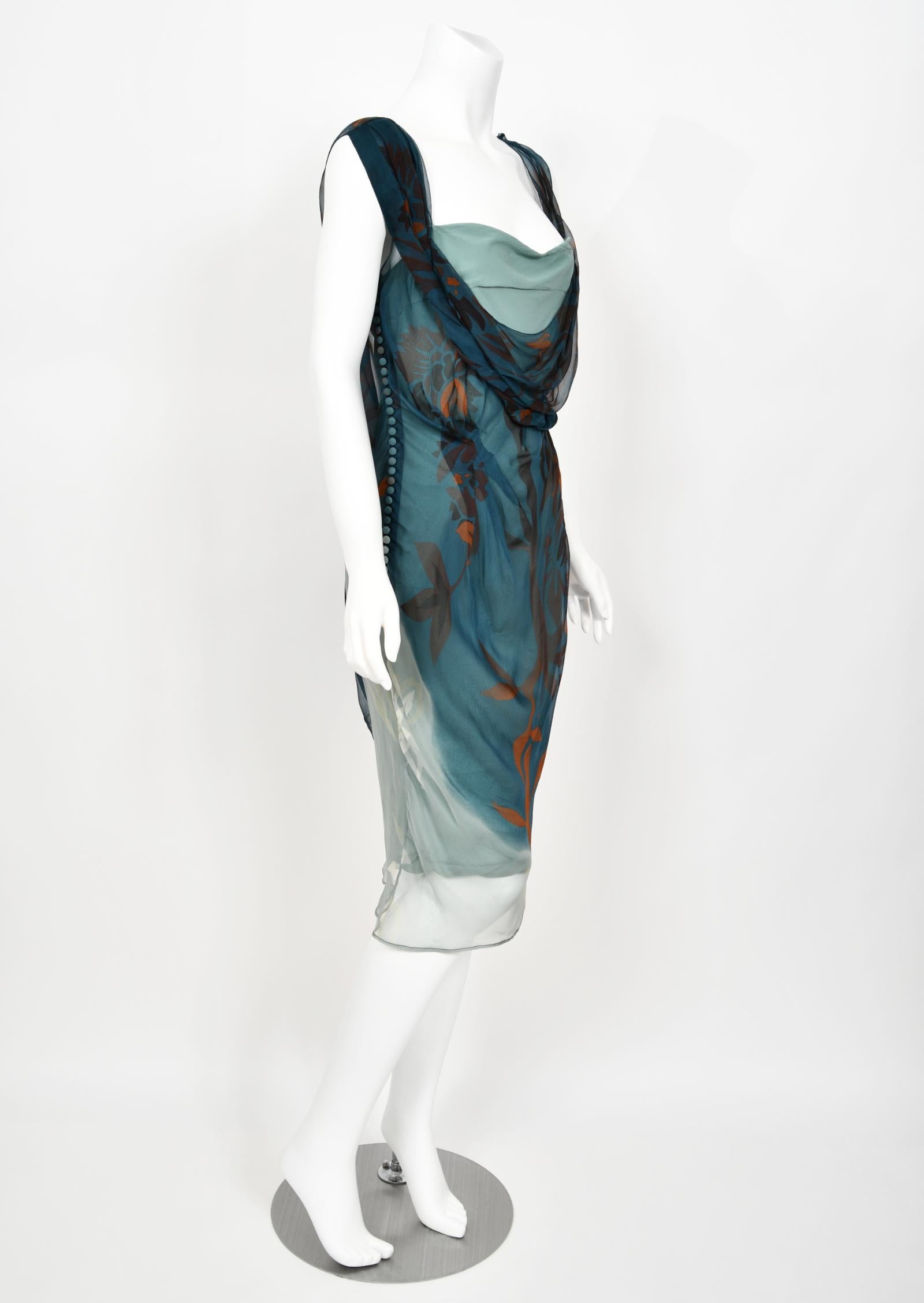 2006 Christian Dior by Galliano Blue Watercolor Sheer Silk Draped Slip Dress For Sale 4