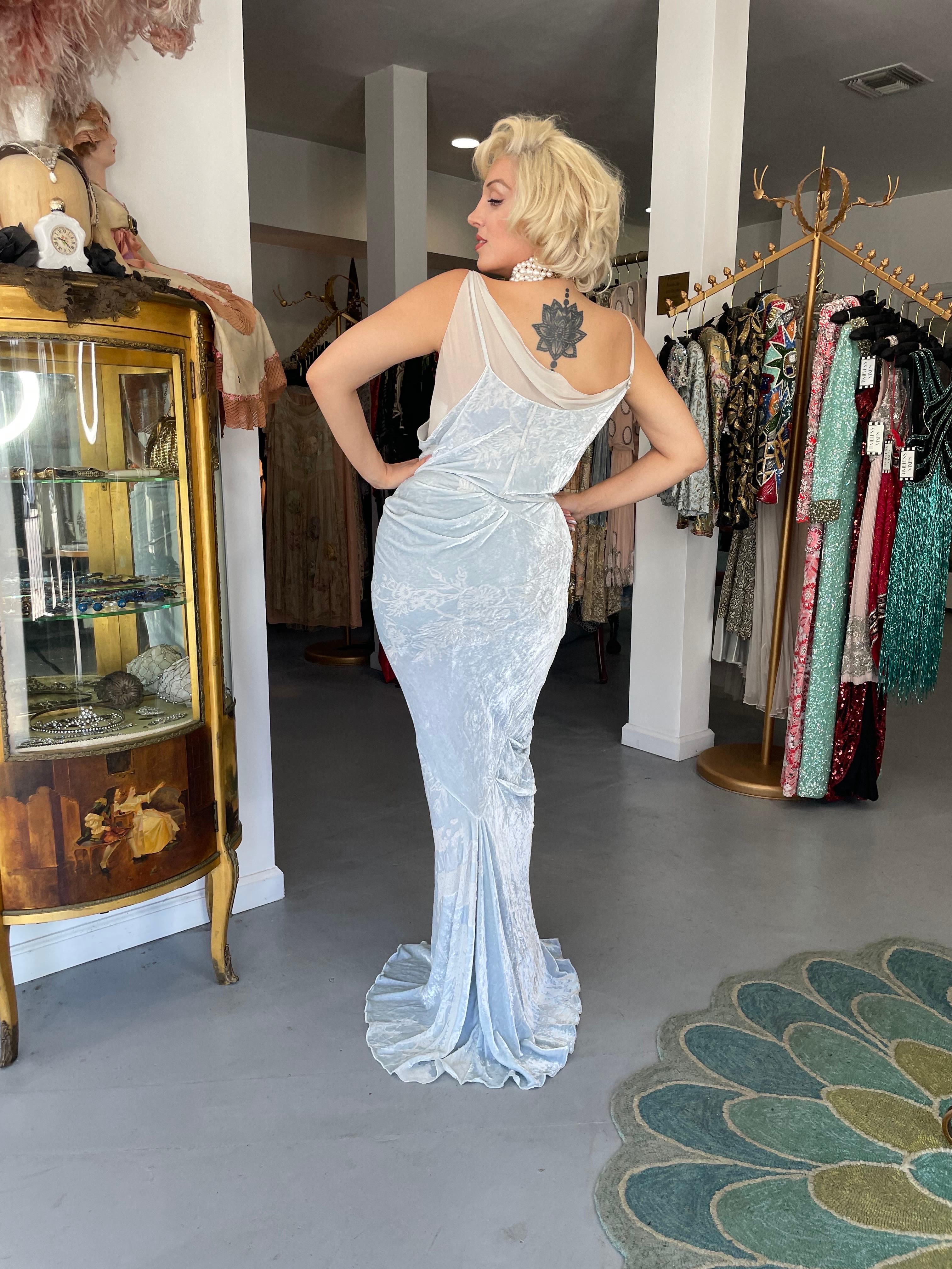 2006 Christian Dior by Galliano Ice Blue Velvet Asymmetric Draped Bias-Cut Gown 13