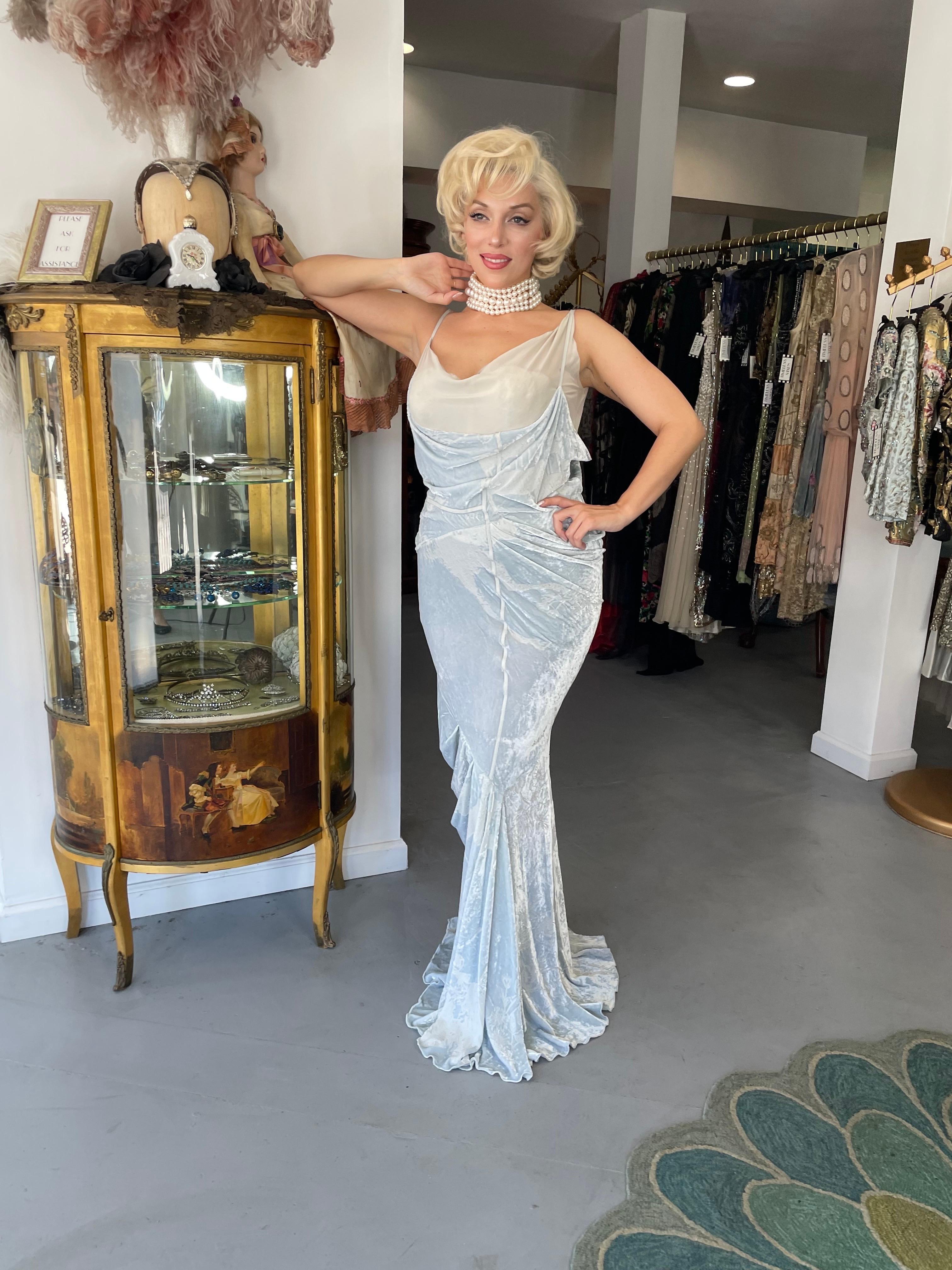 2006 Christian Dior by Galliano Ice Blue Velvet Asymmetric Draped Bias-Cut Gown In Good Condition In Beverly Hills, CA