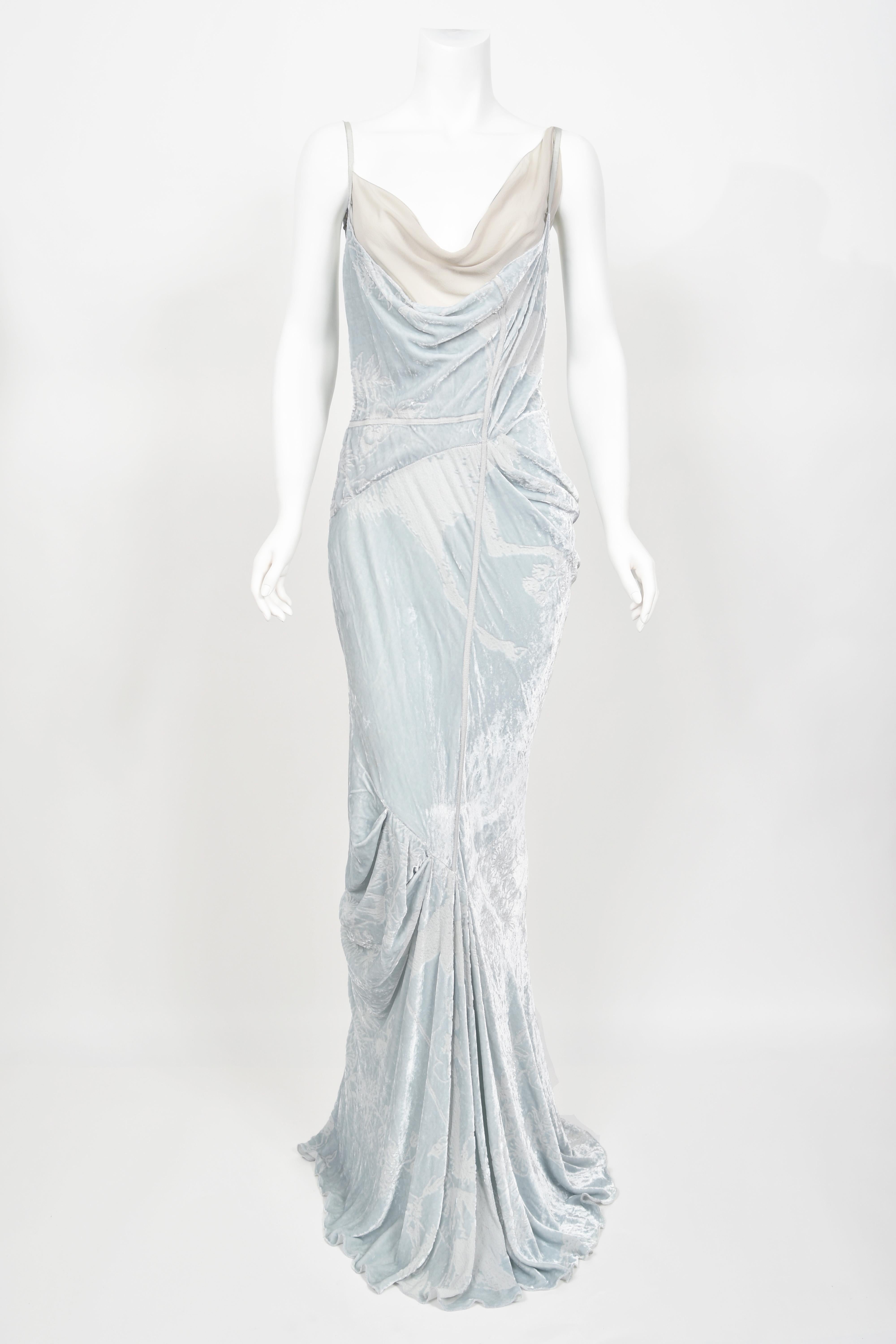 2006 Christian Dior by Galliano Ice Blue Velvet Asymmetric Draped Bias-Cut Gown 1