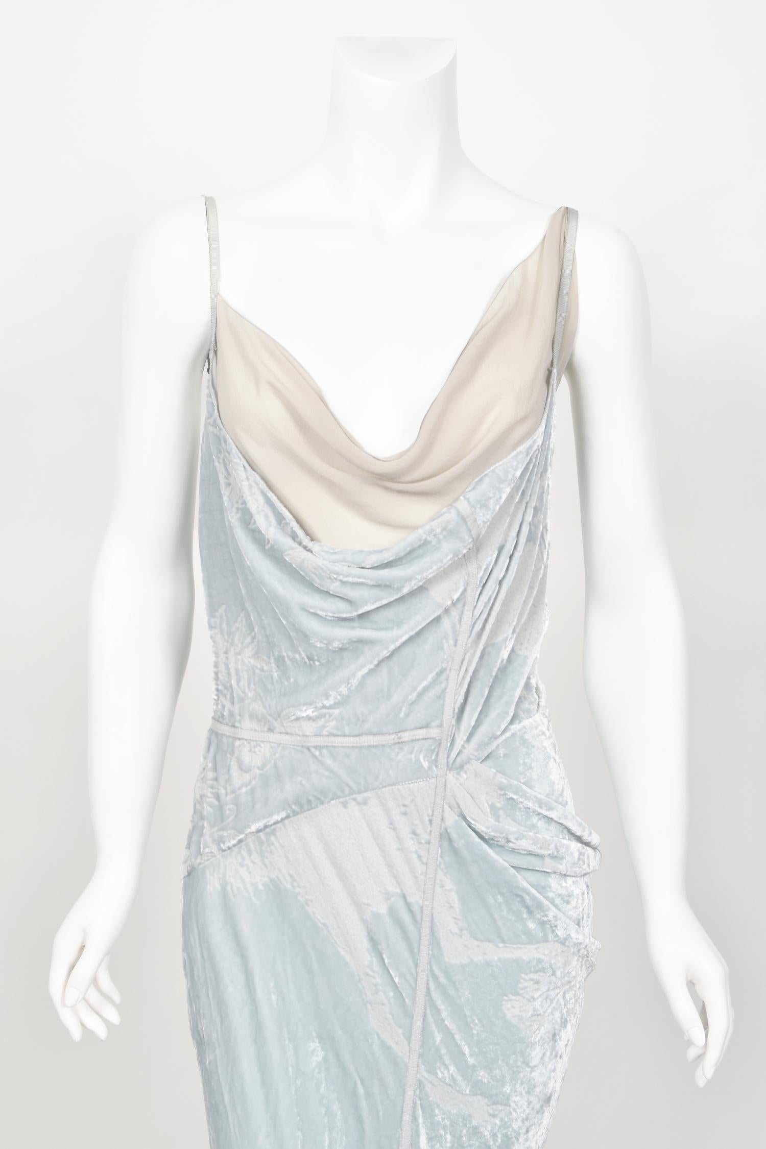 2006 Christian Dior by Galliano Ice Blue Velvet Asymmetric Draped Bias-Cut Gown 2