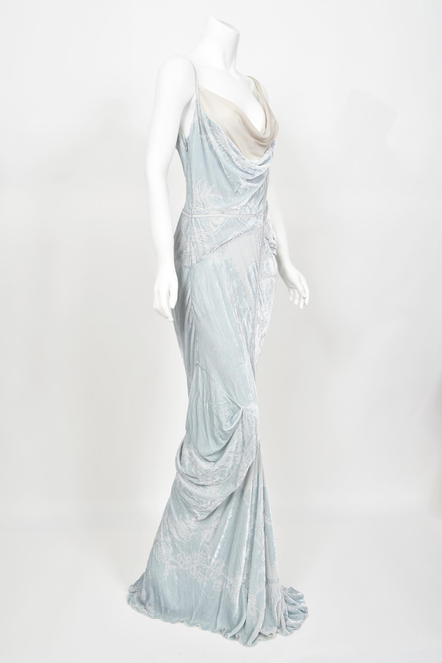 2006 Christian Dior by Galliano Ice Blue Velvet Asymmetric Draped Bias-Cut Gown 3