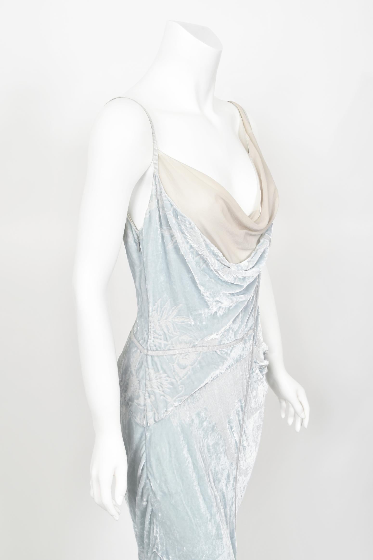 2006 Christian Dior by Galliano Ice Blue Velvet Asymmetric Draped Bias-Cut Gown 4