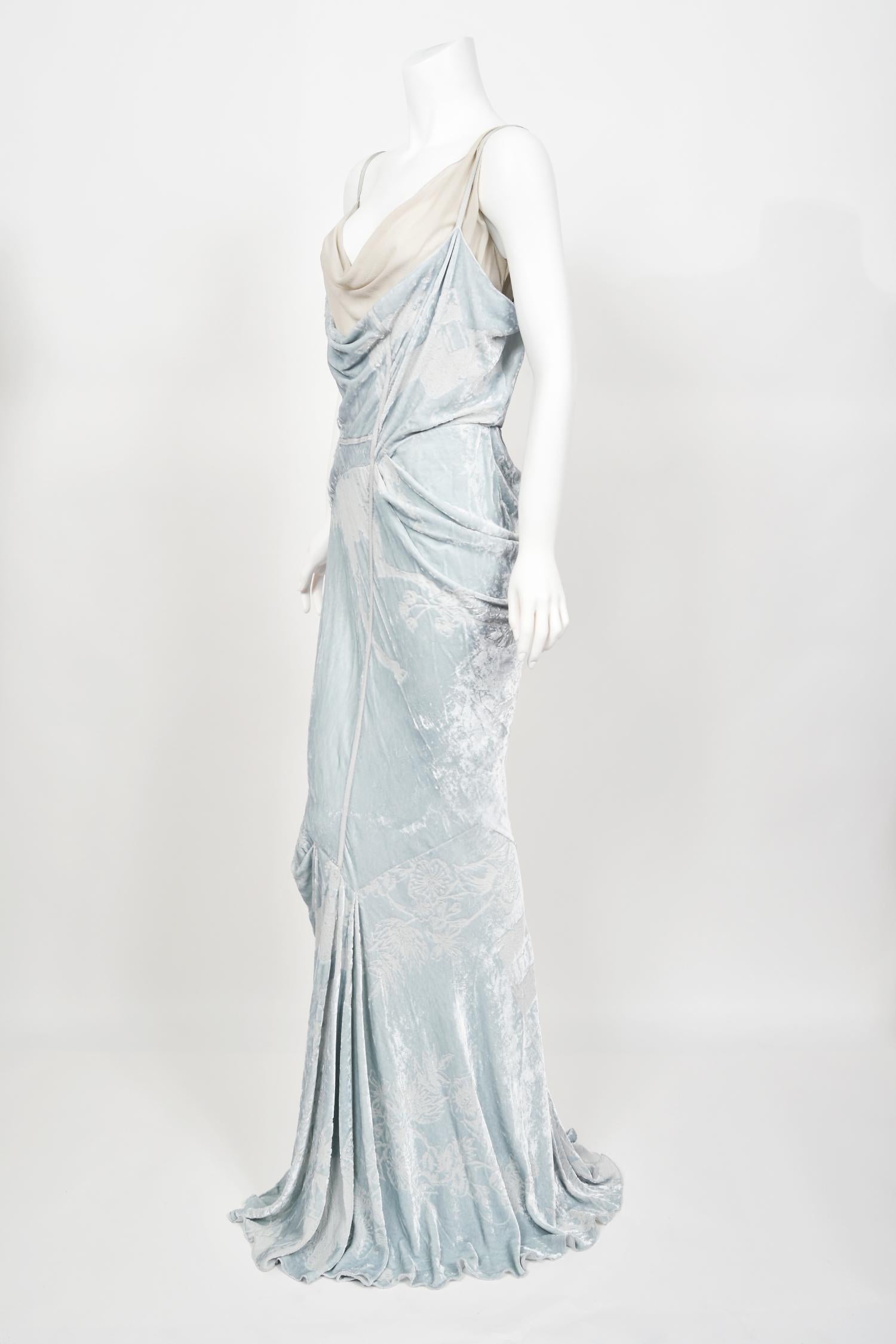 2006 Christian Dior by Galliano Ice Blue Velvet Asymmetric Draped Bias-Cut Gown 5