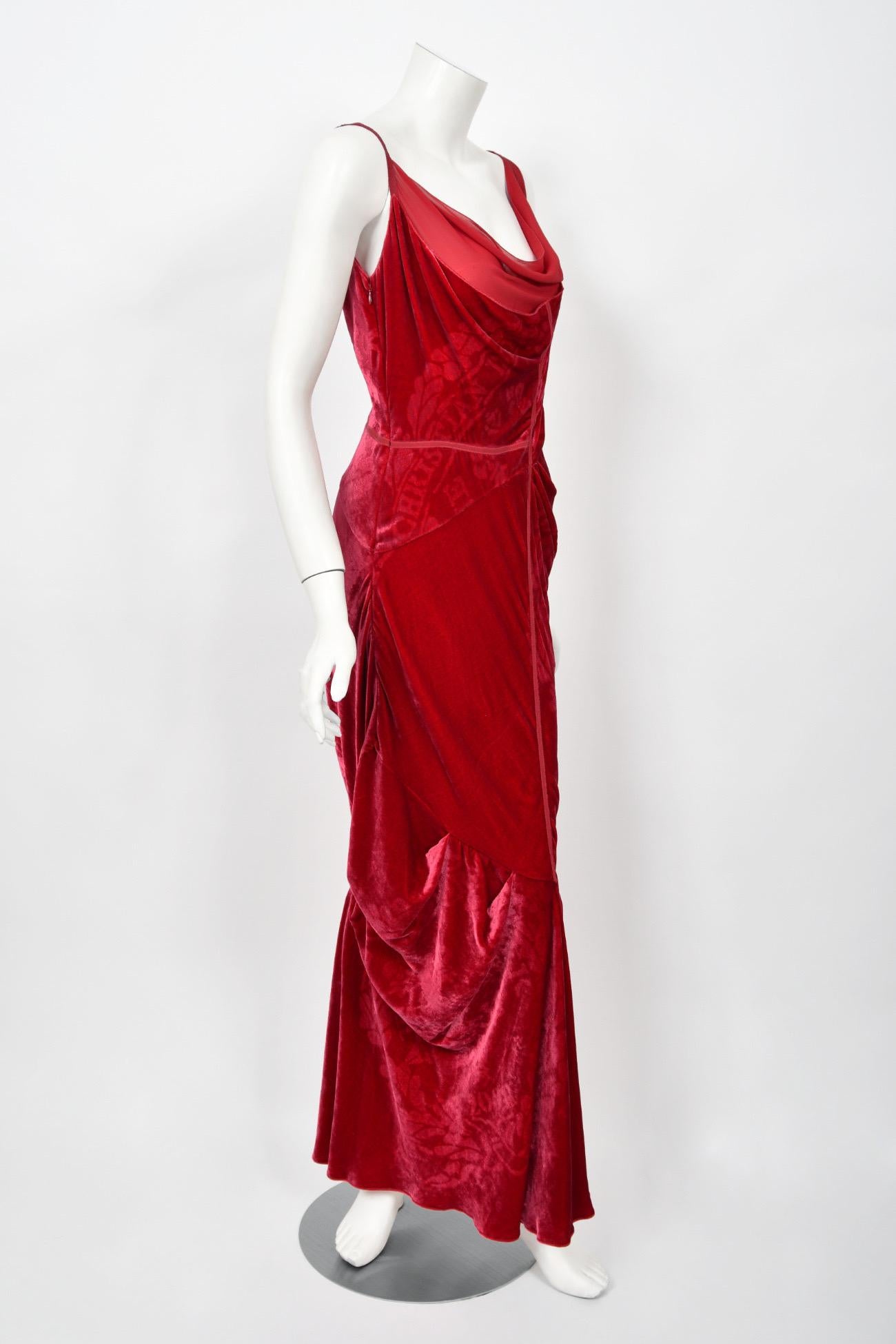 2006 Christian Dior by Galliano Ruby Red Velvet Asymmetric Draped Bias-Cut Gown 11