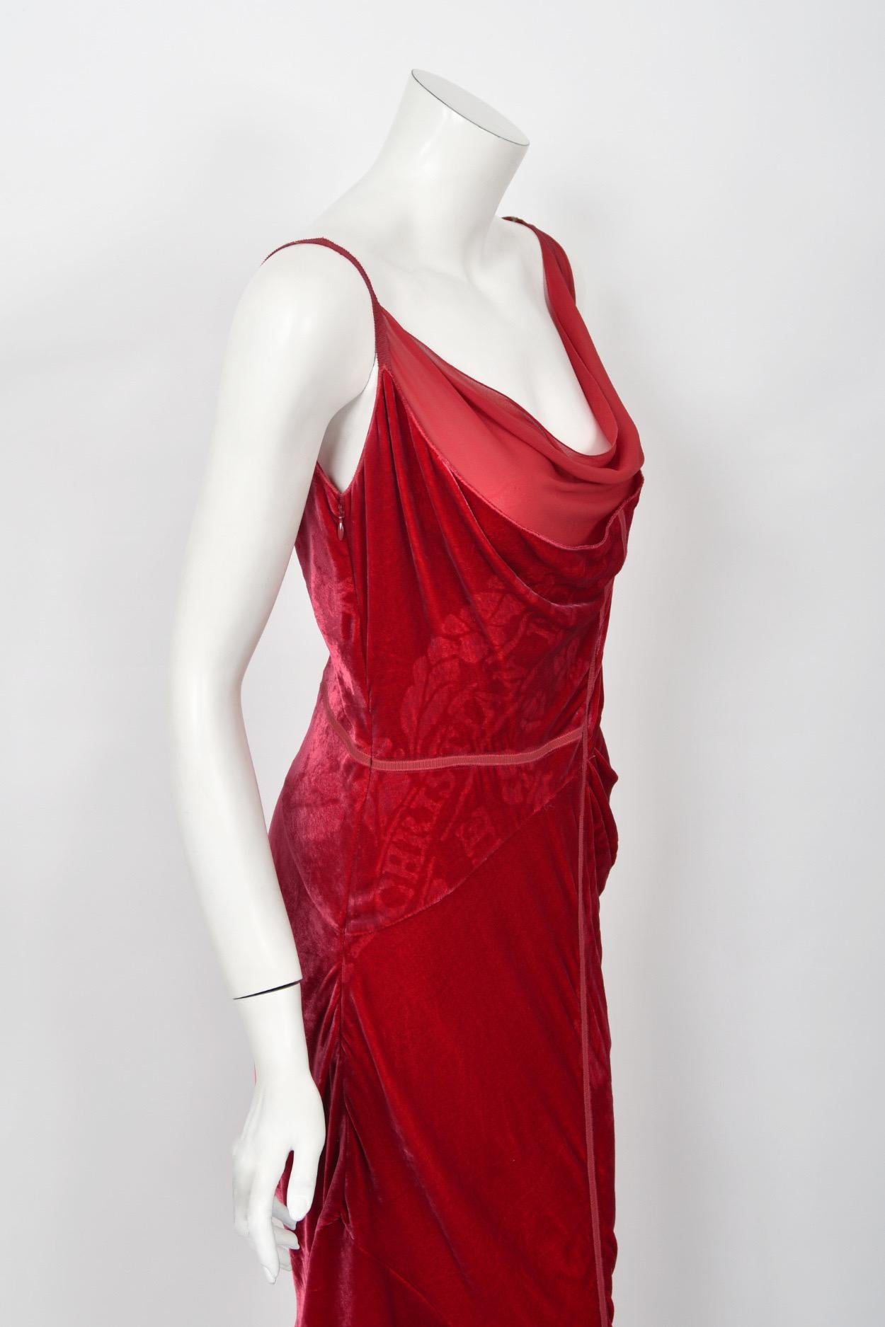 2006 Christian Dior by Galliano Ruby Red Velvet Asymmetric Draped Bias-Cut Gown 12