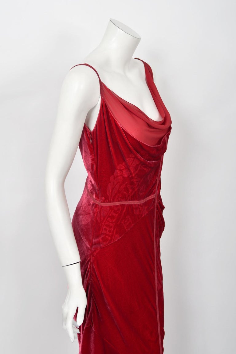 2006 Christian Dior by Galliano Ruby Red Velvet Asymmetric Draped Bias-Cut  Gown at 1stDibs