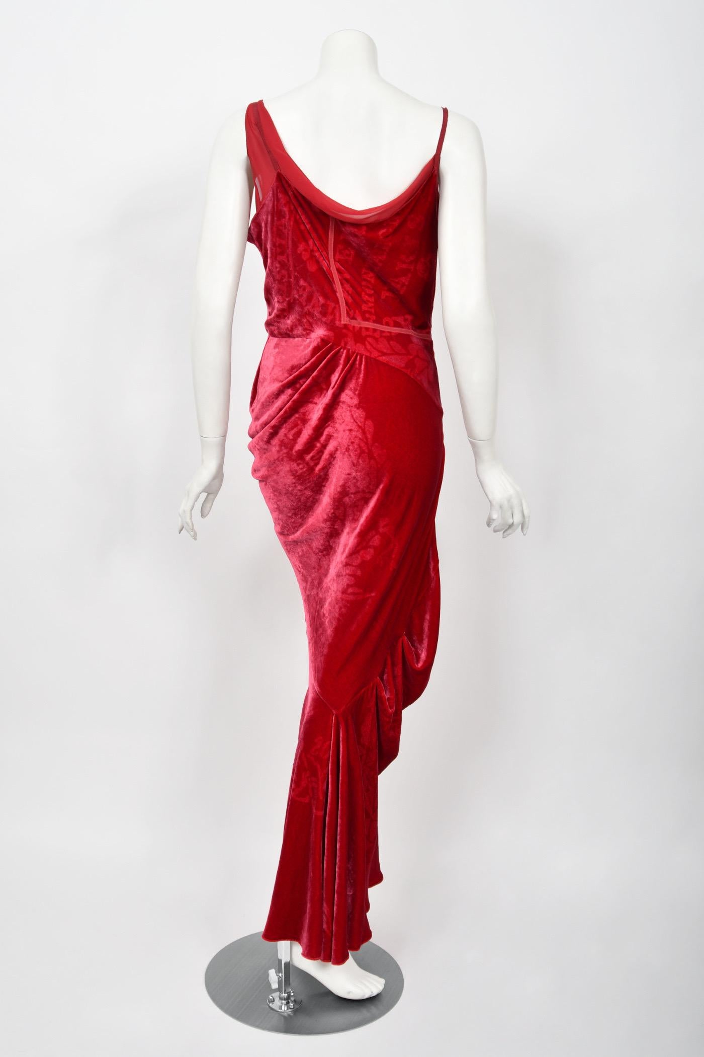 2006 Christian Dior by Galliano Ruby Red Velvet Asymmetric Draped Bias-Cut Gown 14