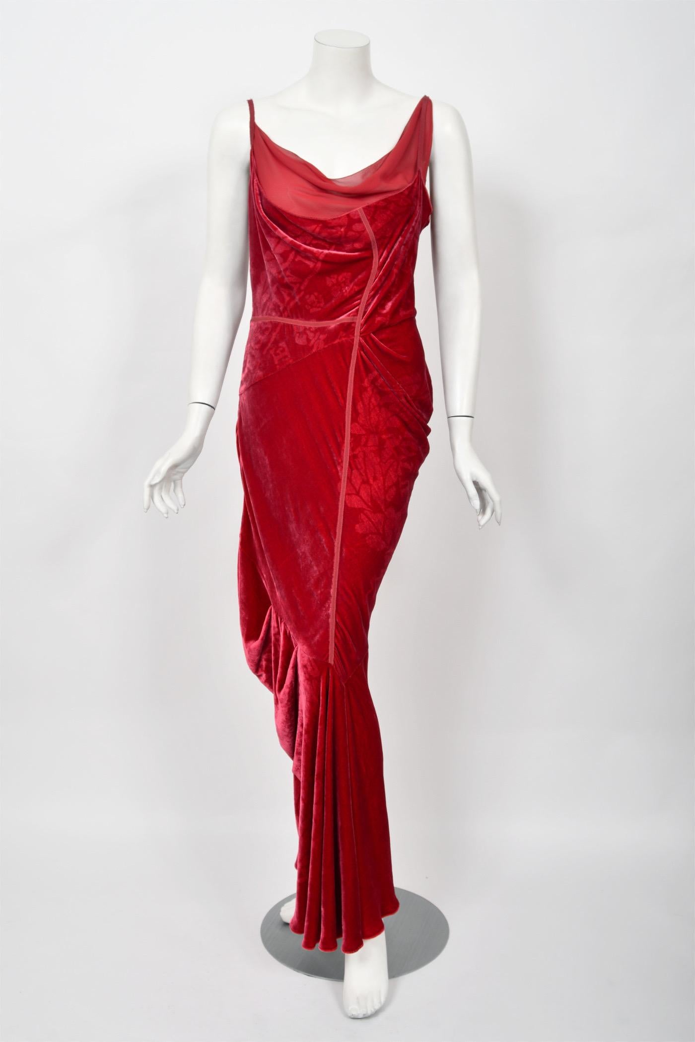 2006 Christian Dior by Galliano Ruby Red Velvet Asymmetric Draped Bias-Cut Gown 2