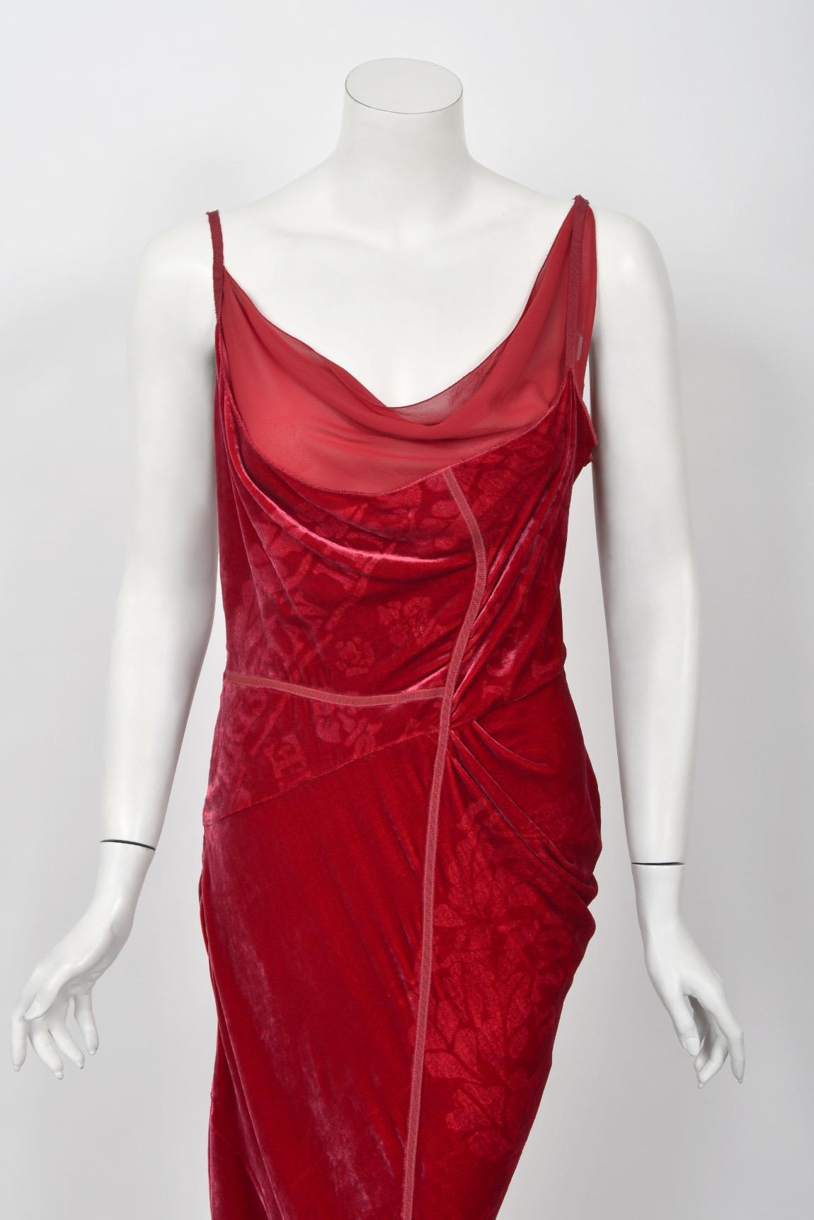 2006 Christian Dior by Galliano Ruby Red Velvet Asymmetric Draped Bias-Cut Gown 3