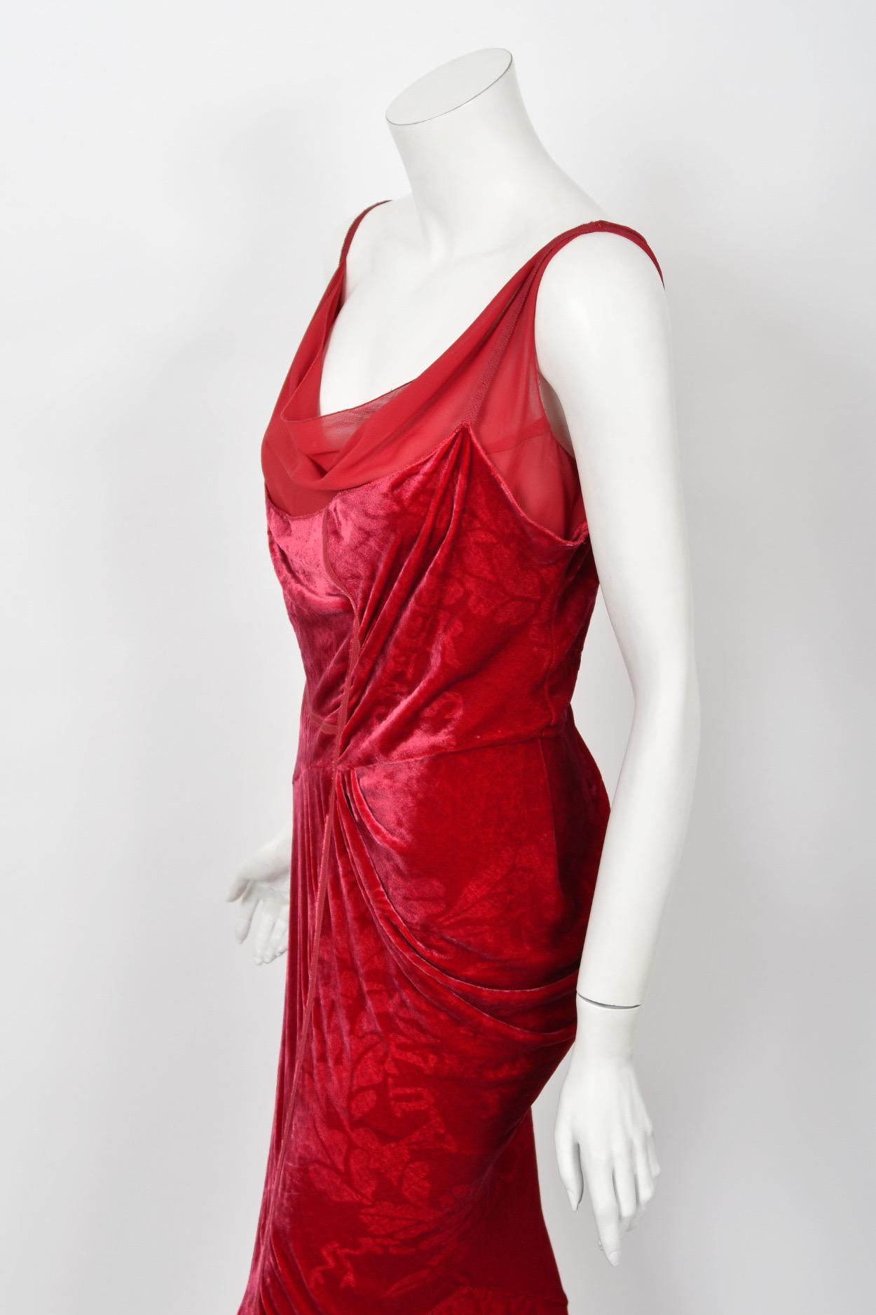 2006 Christian Dior by Galliano Ruby Red Velvet Asymmetric Draped Bias-Cut Gown 8