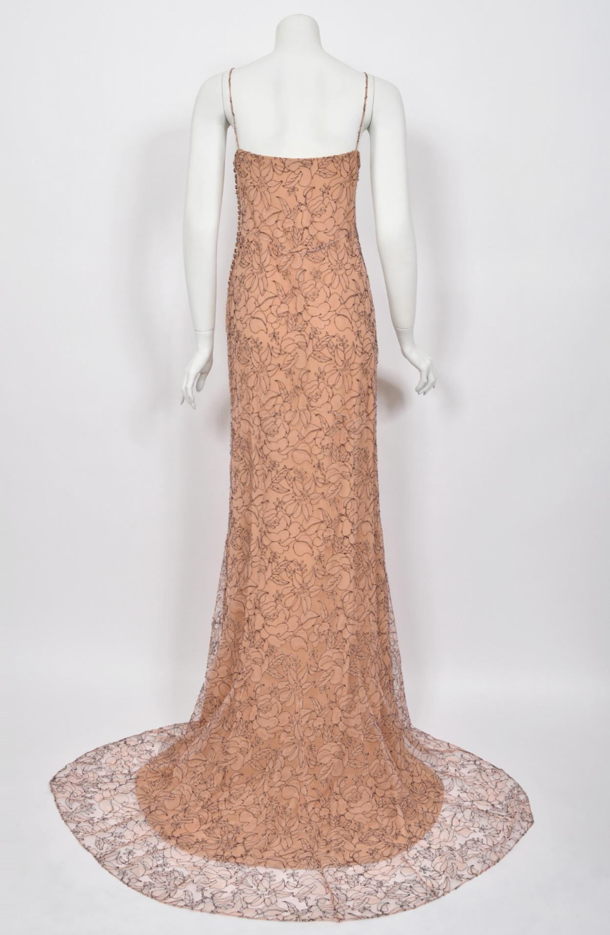 2006 Christian Dior by John Galliano Nude Illusion Lace Trained Lingerie Gown 11