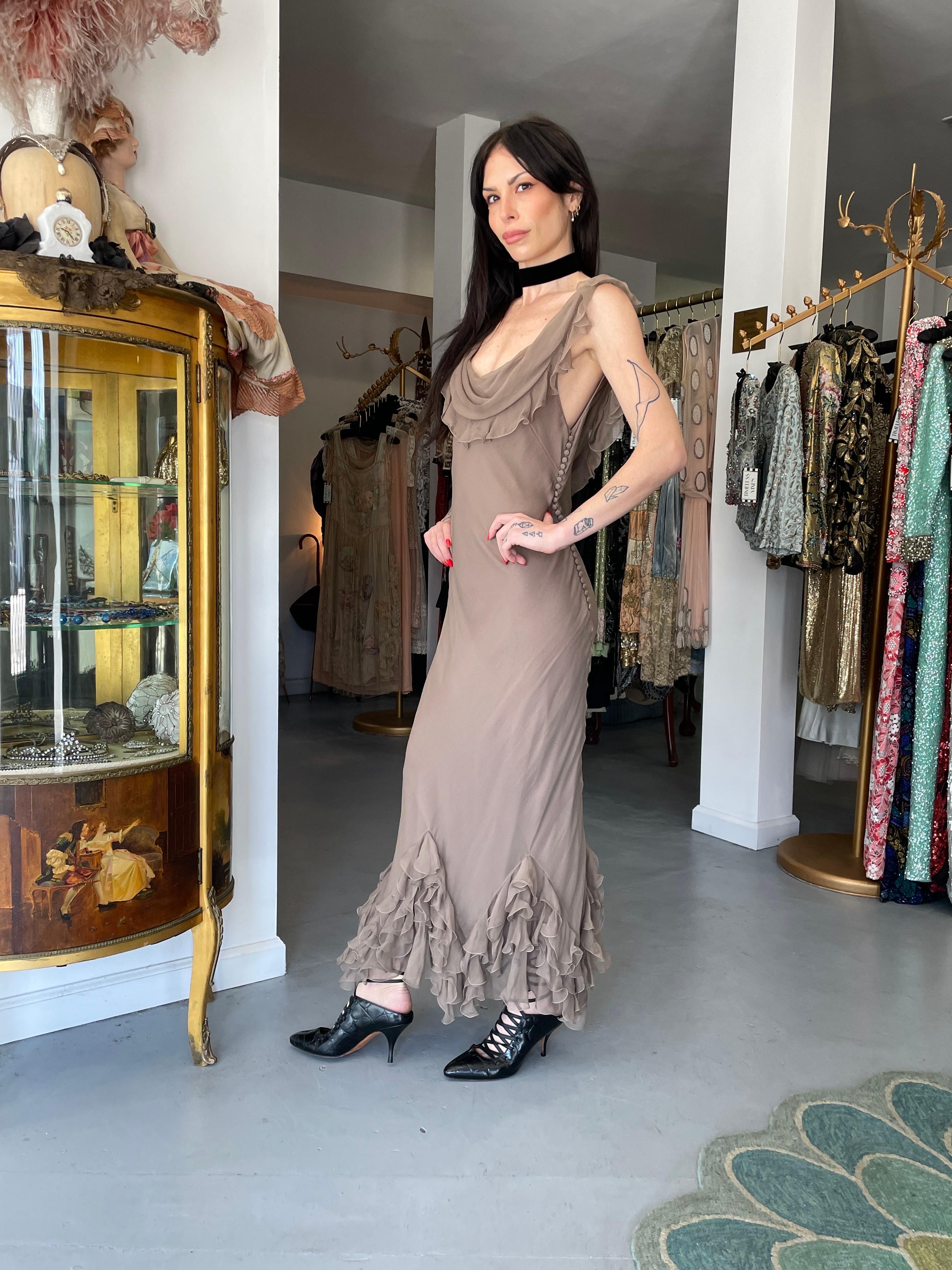 2006 Christian Dior by John Galliano Smoky Silk Tiered Ruffle Bias-Cut Gown In Good Condition For Sale In Beverly Hills, CA