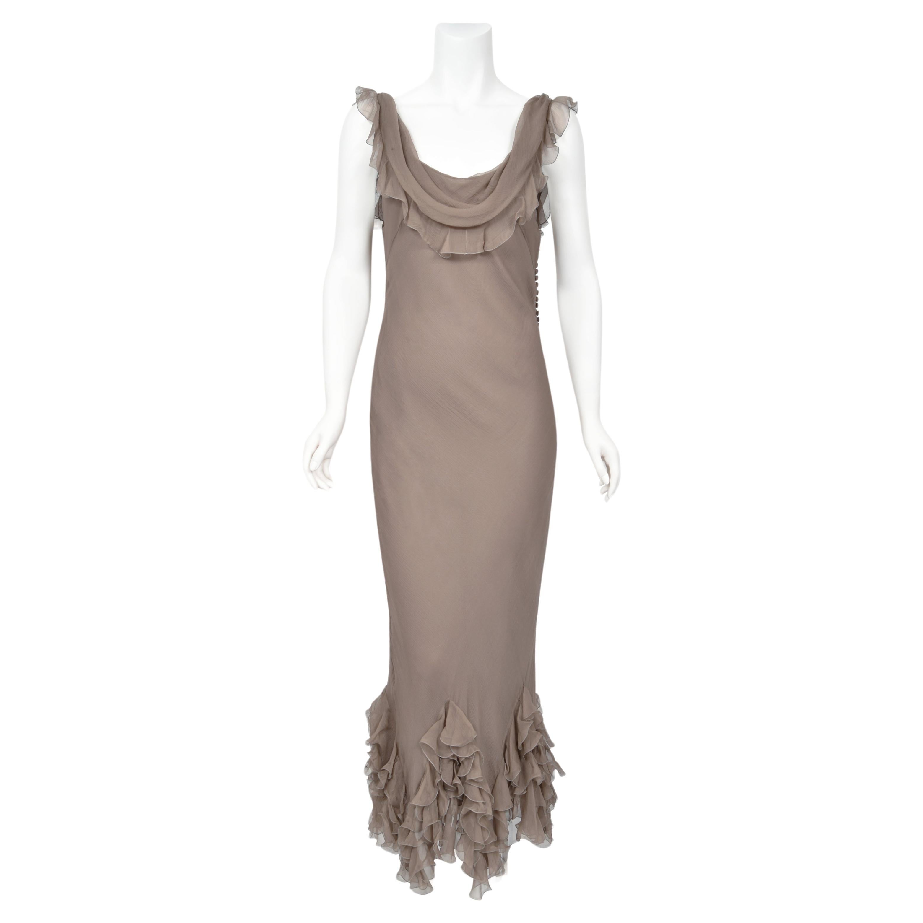 2006 Christian Dior by John Galliano Rauchiges Kleid aus Seide mit Rüschen und schrägem Schnitt im Angebot